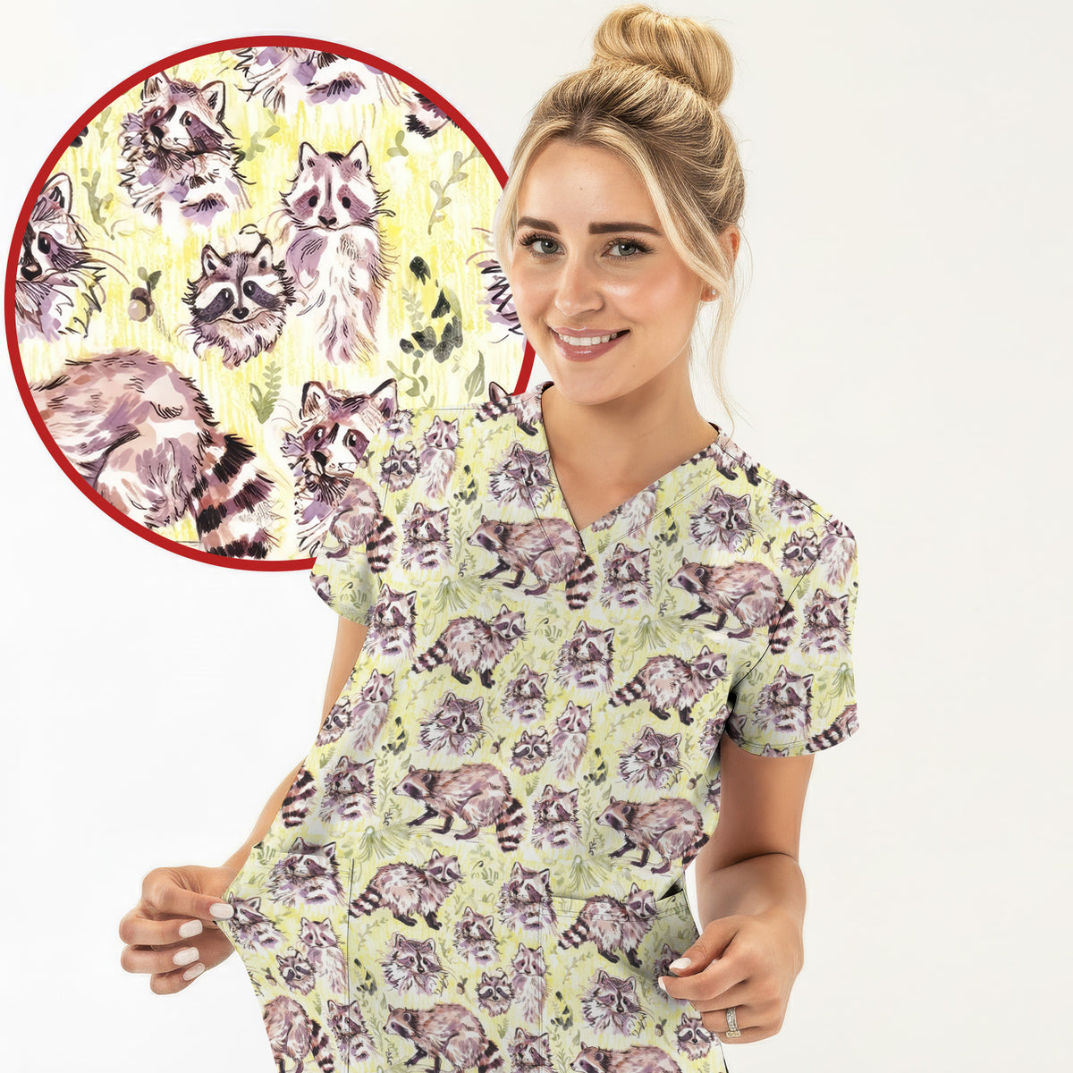 Cute Woodland Raccoon Forest Animal Pattern Scrub Top, Comfortable Scrubs for Nurses