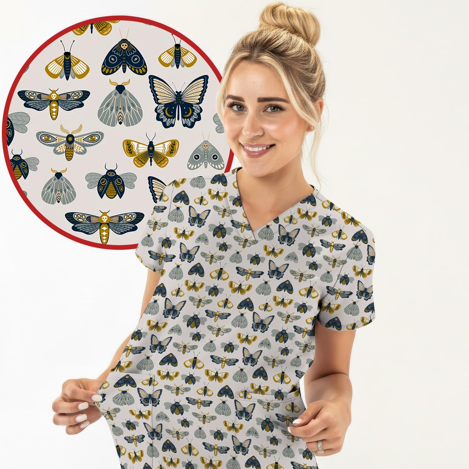 Vintage Butterfly Moth Insect Pattern Scrub Top, Comfortable Scrubs for Nurses