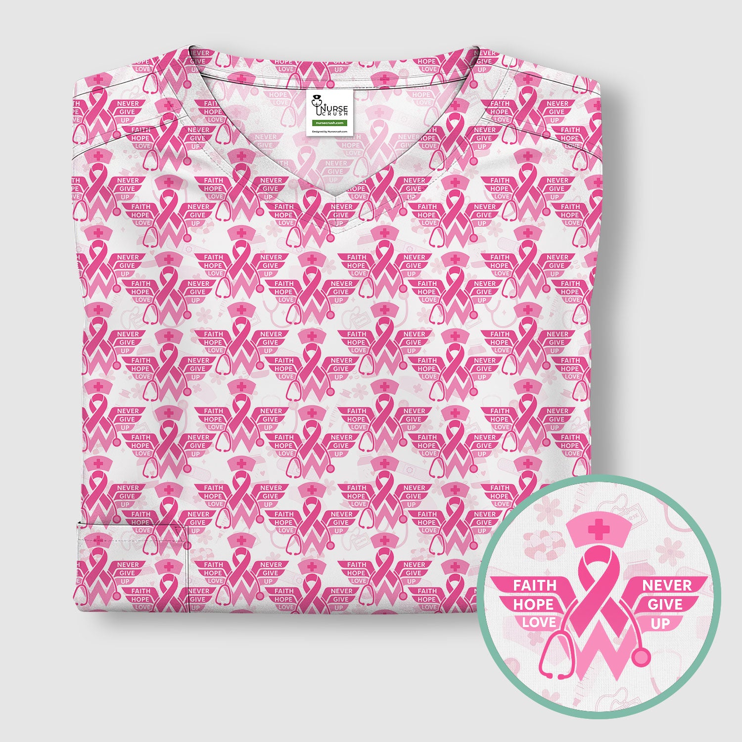 Breast Cancer Awareness Scrub Top - Pink Ribbon Nurse Shirt Multi Color - Faith Hope Love Nursing Workwear with Pockets