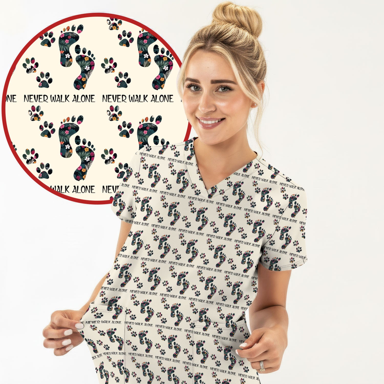 Never Walk Alone Scrub Top, Floral Paw Print Medical Scrub Shirt for Nurses, Vet Techs And Healthcare Workers