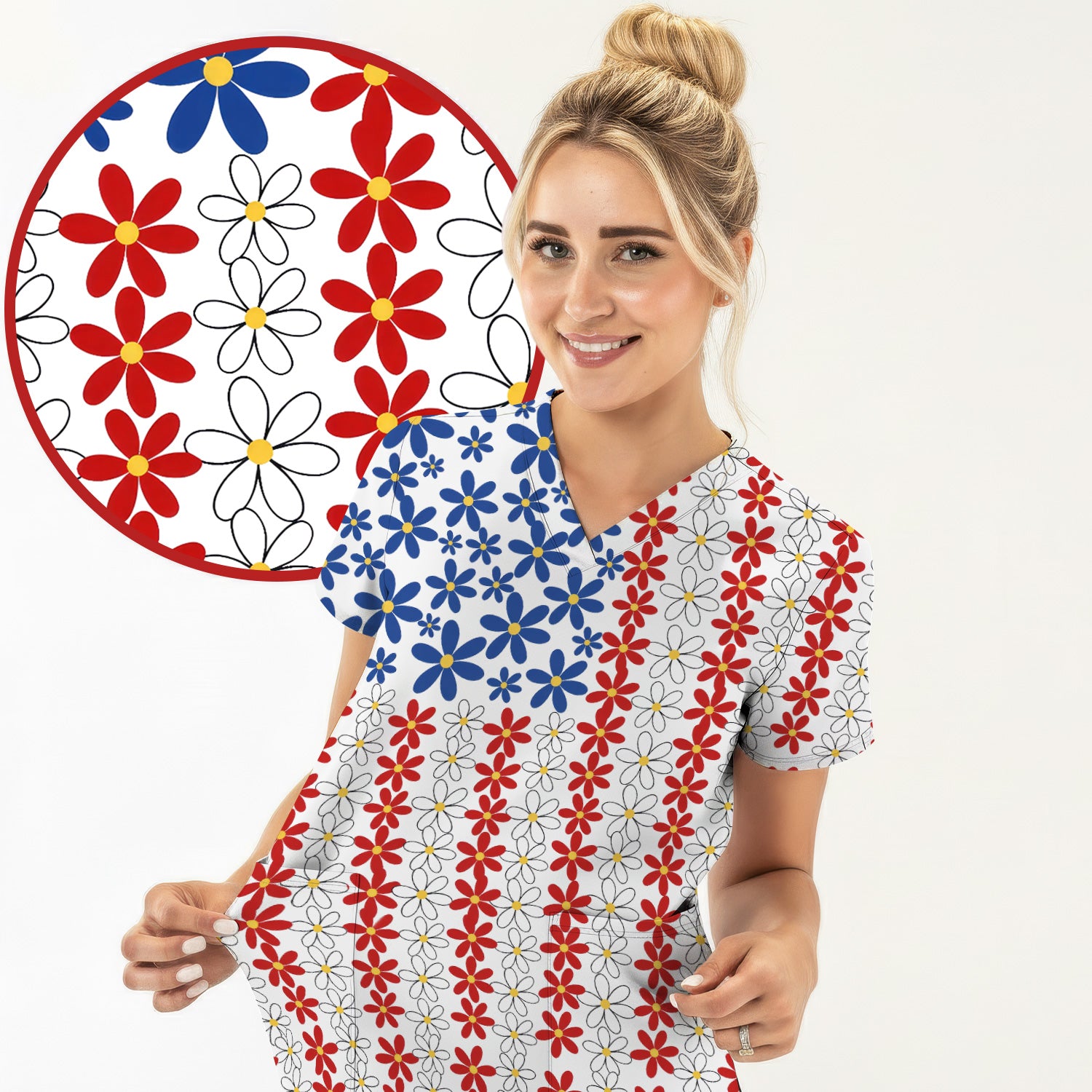 Retro Red Blue Daisy Stripe Pattern Scrub Top, Comfortable Scrubs for Nurses
