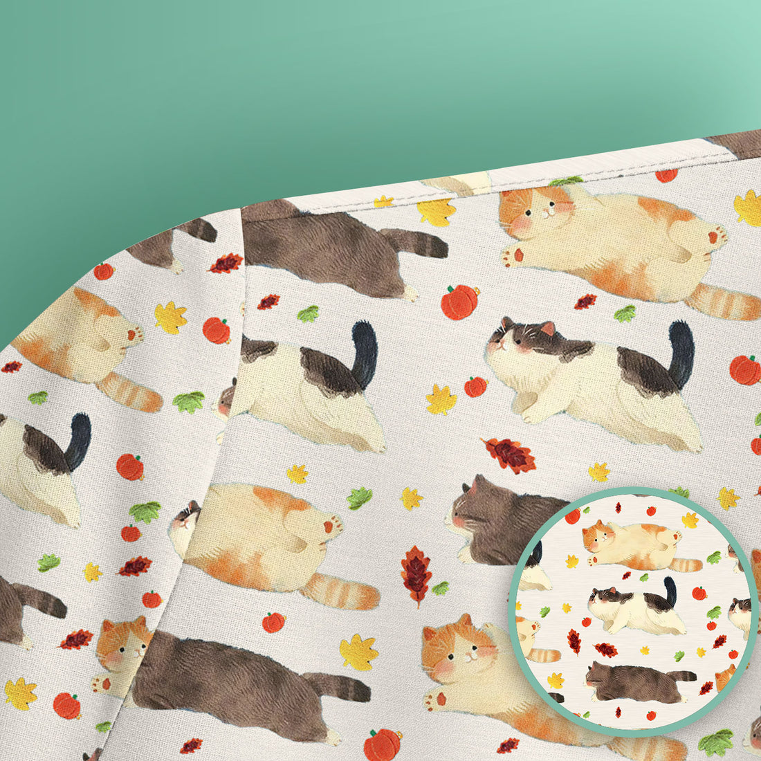 Chubby Cat Autumn Leaves Print Scrub Top, Breathable Fabrics Nursing Uniform