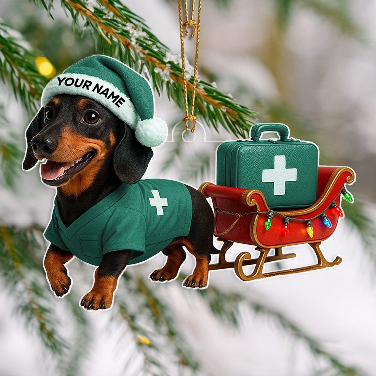 Personalized Nurse Dachshund Christmas Ornament, Custom Name Wiener Dog Ornament With Medical Sleigh, Funny Holiday Gift for Dog Lovers