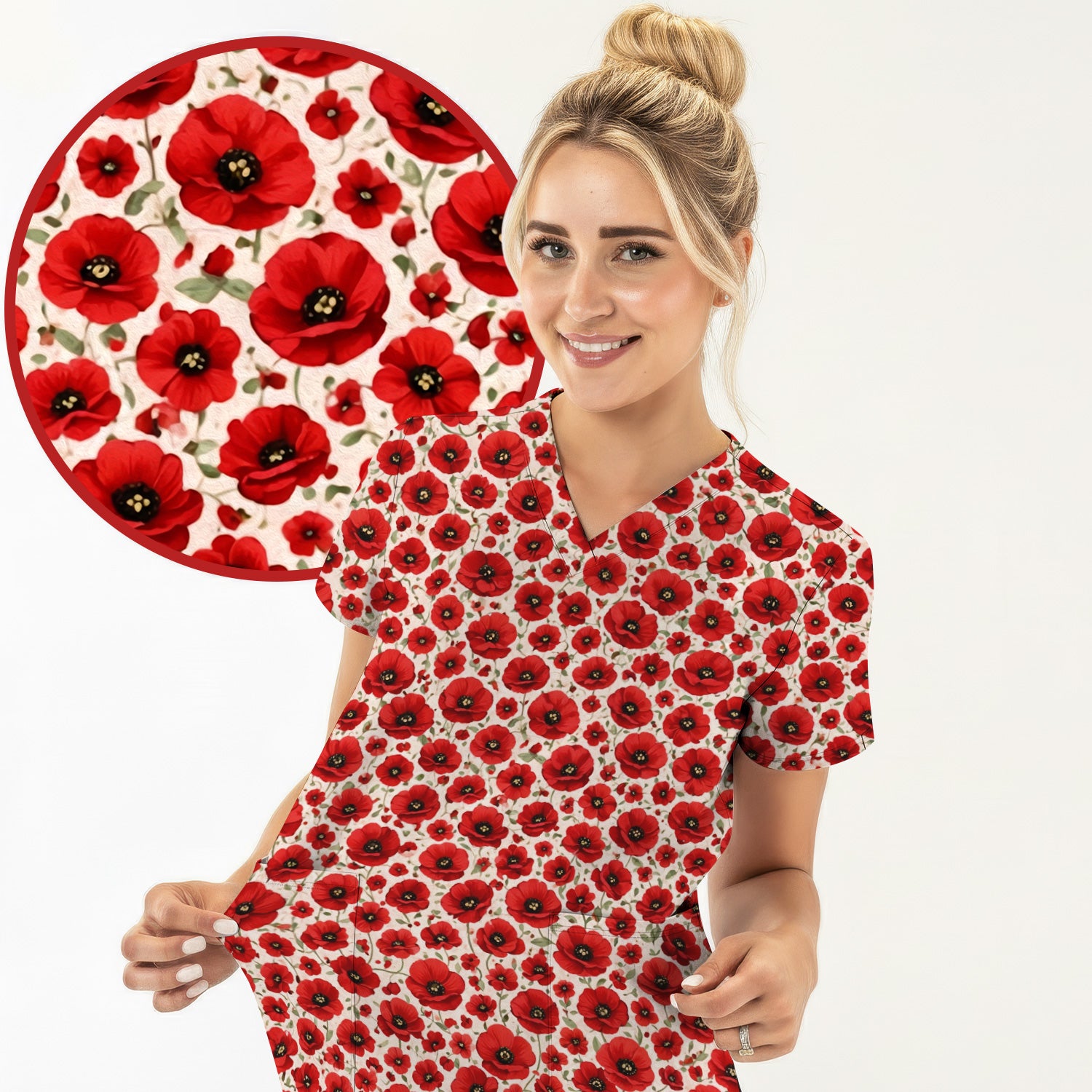 Pretty Red Poppy Flower Garden Pattern Scrub Top, Comfortable Scrubs for Nurses