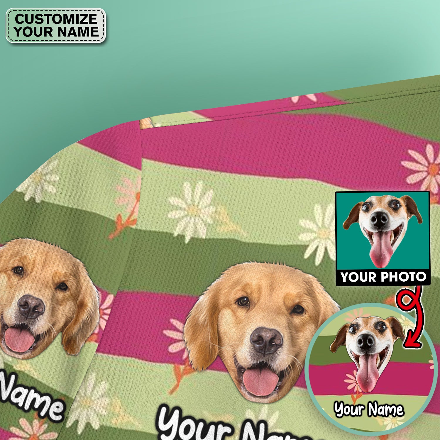 Personalized Floral Dog Portrait With Spring Stripes Pattern Scrub Top, Comfortable Scrubs for Nurses