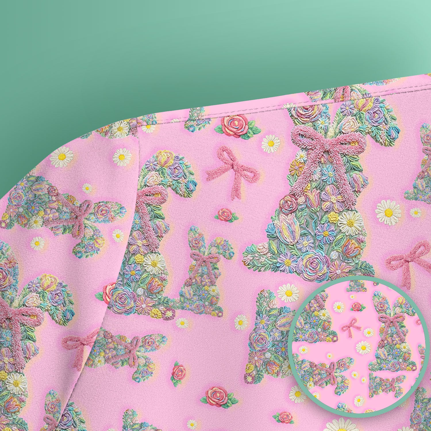 Colorful Floral Bunny with Pink Bow Pattern Scrub Top, Breathable Fabrics Nursing Uniform, Easter