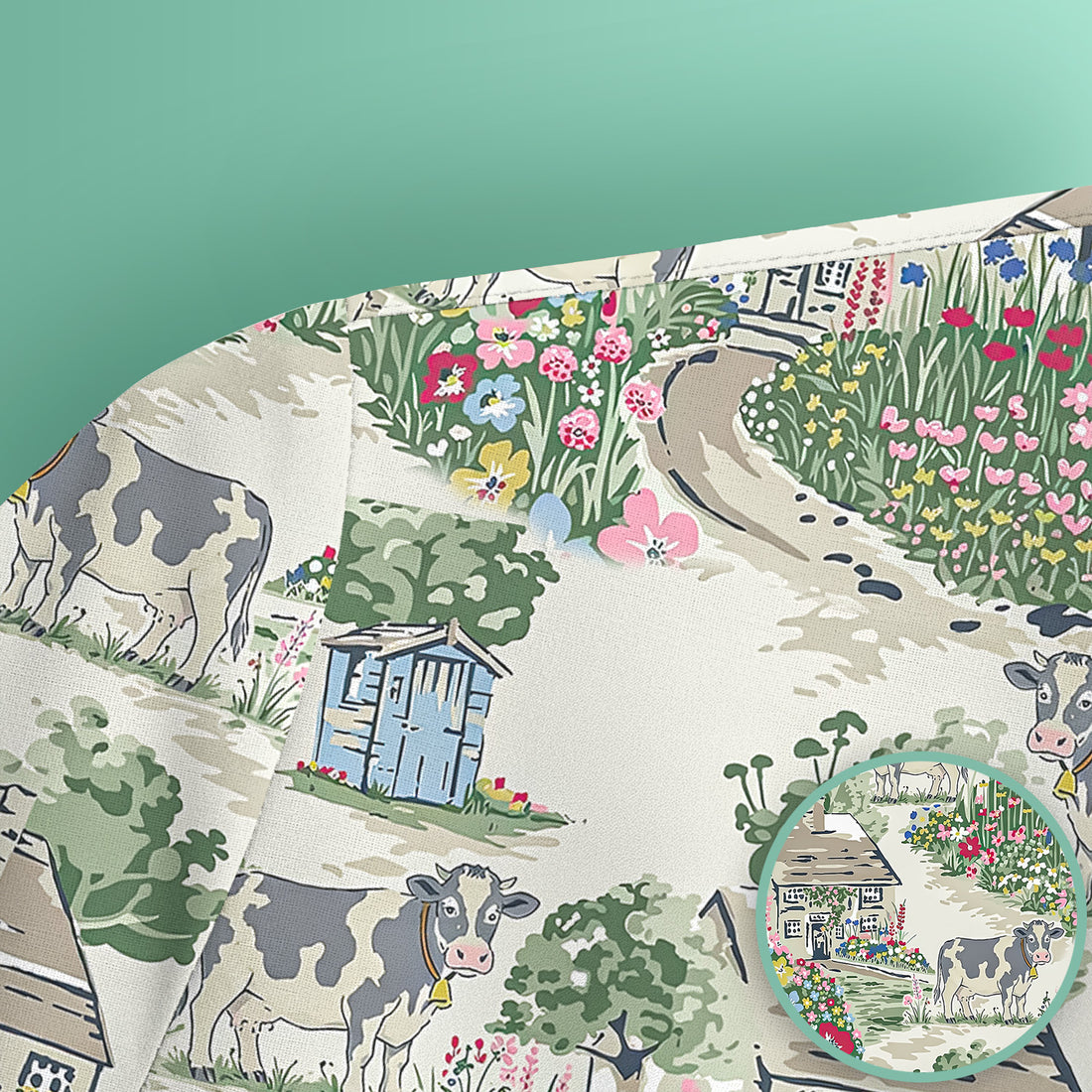 Charming Countryside Cows Cottage Garden Pattern Scrub Top, Comfortable Scrubs for Nurses
