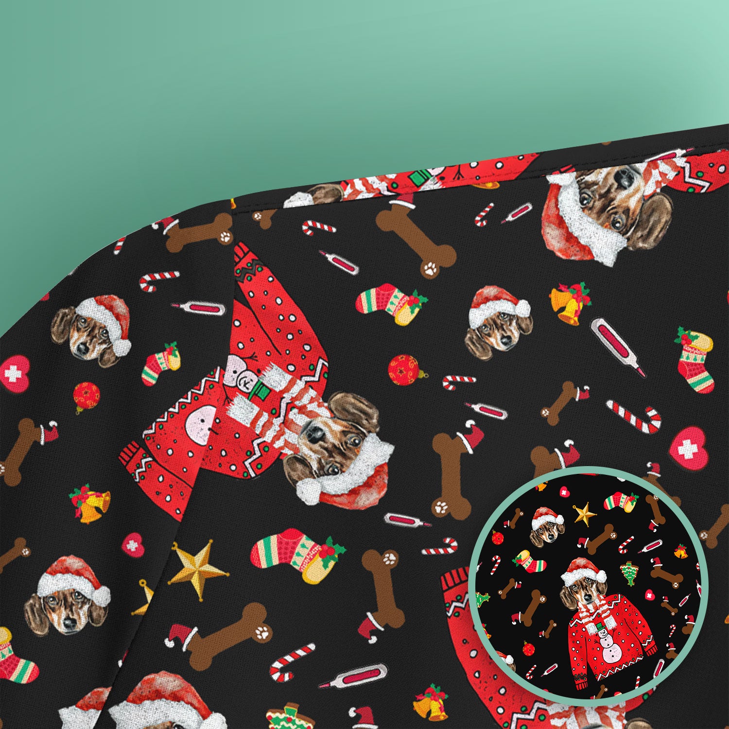 Funny Dog Christmas Scrub Top – Cute Puppy in Santa Outfit Pattern – Festive Holiday Medical Uniform For Nurses And Pet Lovers