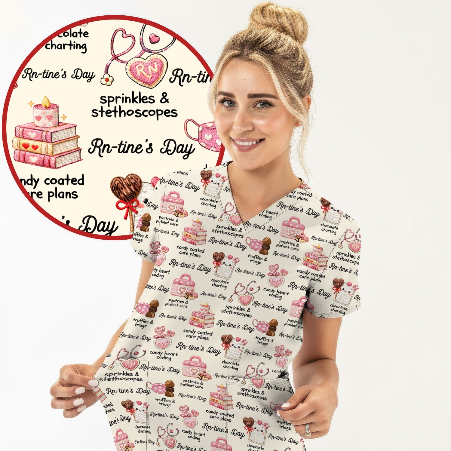 RN Sweets Valentine Stethoscope Scrub Top, Breathable Fabrics Nursing Uniform