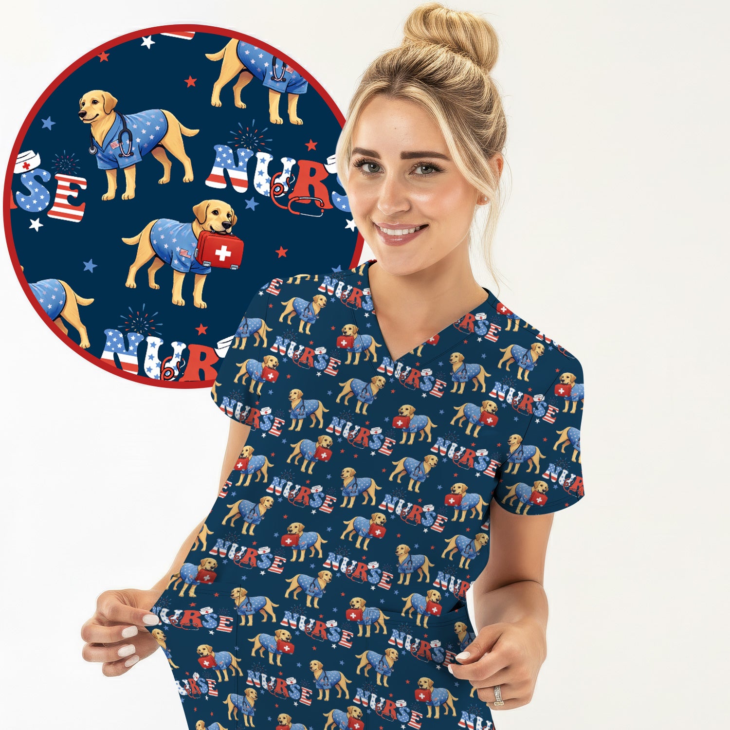 Patriotic Nurse Dog Medical Pattern Scrub Top, Breathable Fabrics Nursing Uniform