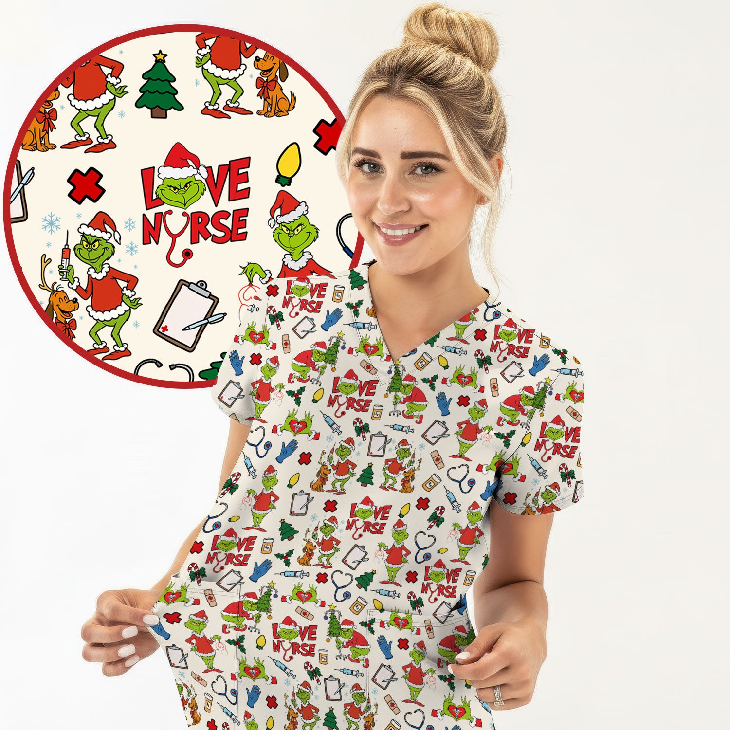 Grinch Nurse Scrub Shirt Multi Colors - Love Nurse Christmas Scrub Top - Funny Holiday Nursing Workwear with Pockets