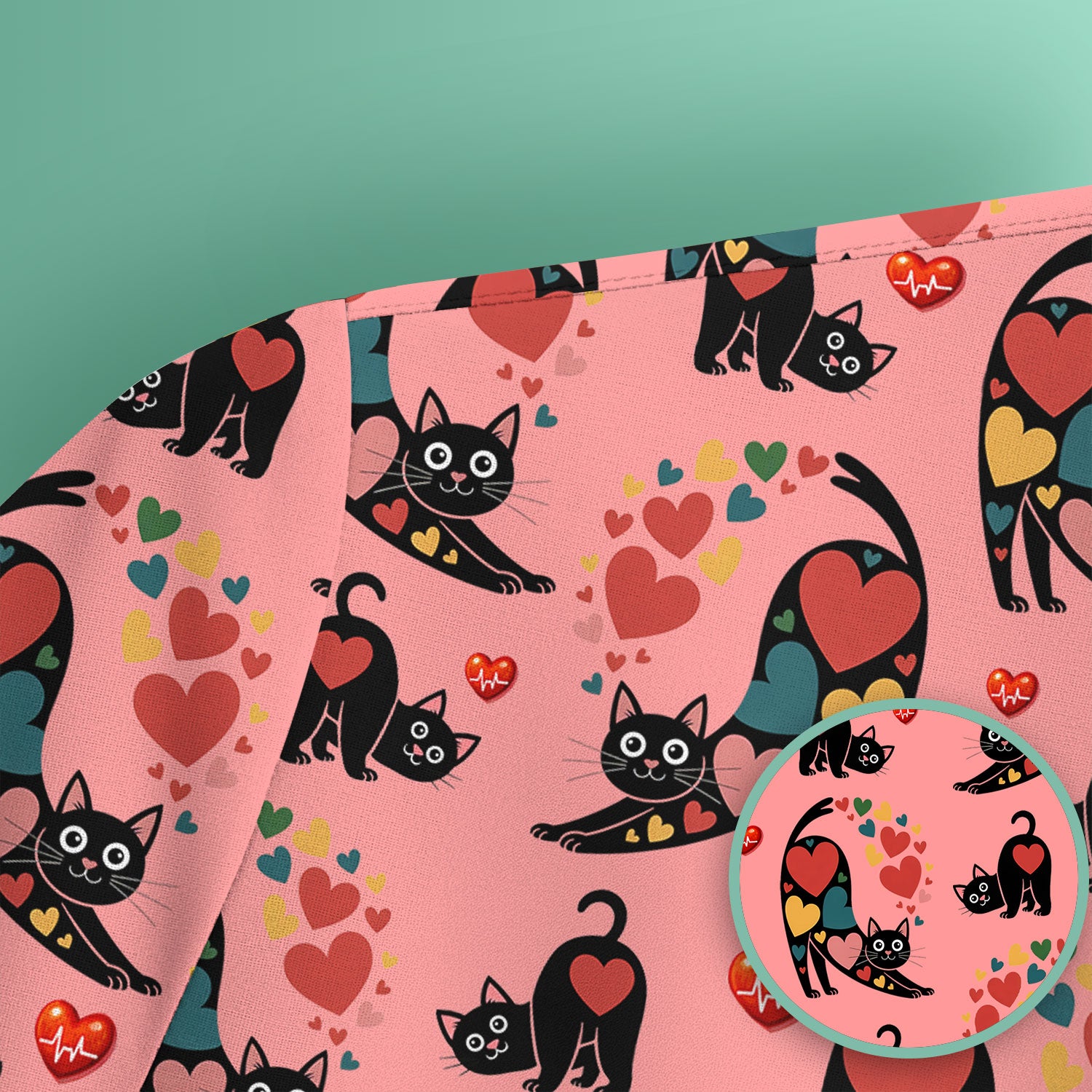 Playful Cat Valentine Heart Print Nurse Scrub Top, Comfortable Scrubs for Nurses