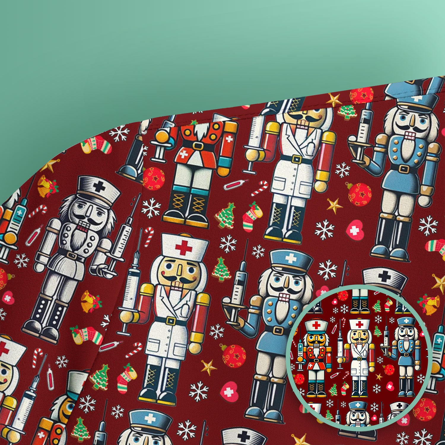 Funny Nutcracker Christmas Scrub Top – Cute Holiday Nurse Pattern Shirt – Festive Medical Uniform for RN, LPN, CNA, and Healthcare Workers