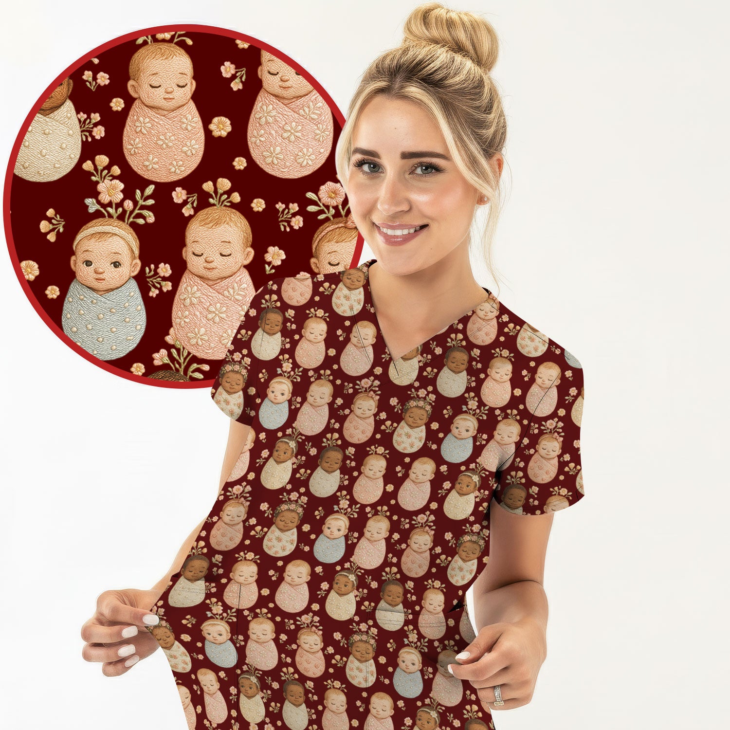 Sweet Newborn Baby Floral Print Nurse Scrub Top, Comfortable Scrubs for Nurses
