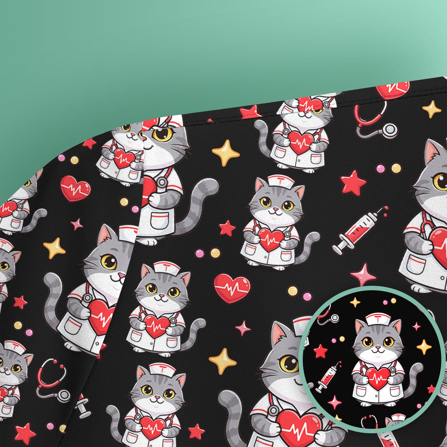 Cute Nurse Cat Heart Medical Print Scrub Top, Comfortable Scrubs for Nurses