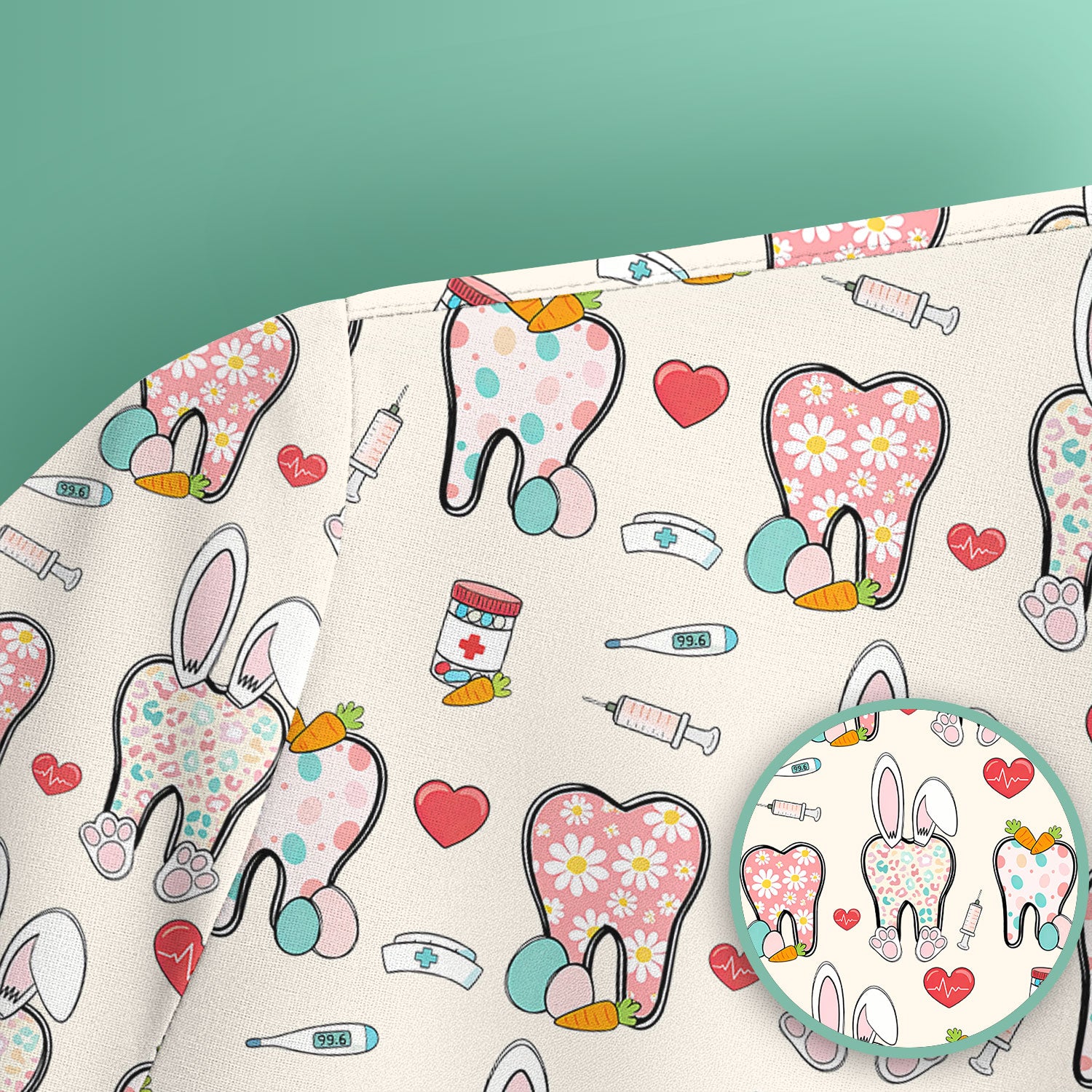 Playful Bunny Dentist Illustration Medical Scrub Top, Comfortable Scrubs for Nurses, Easter