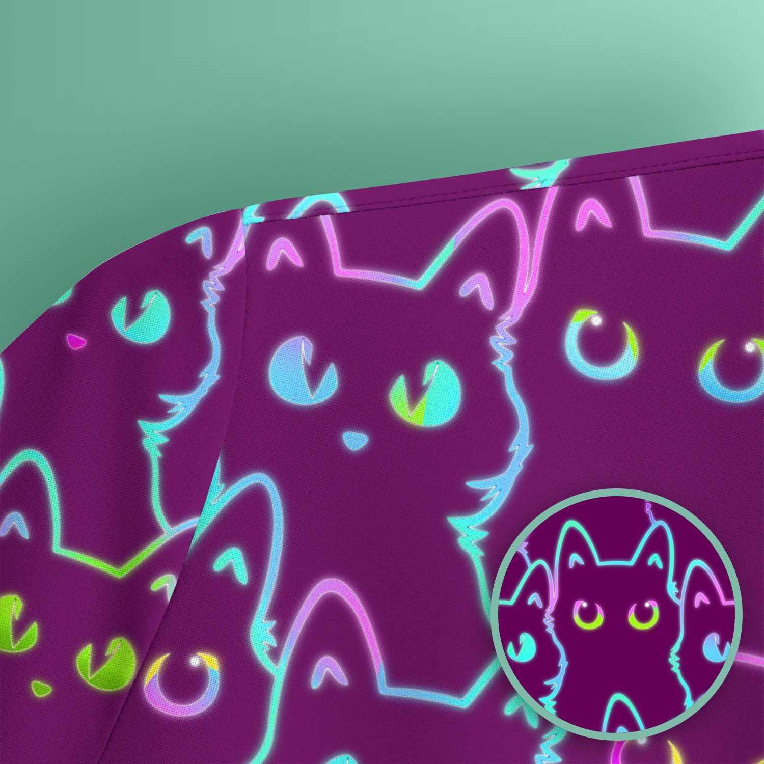 Neon Cat Pattern Scrub Top, Black Cat Scrub Shirt, Breathable Fabrics Nursing Uniform