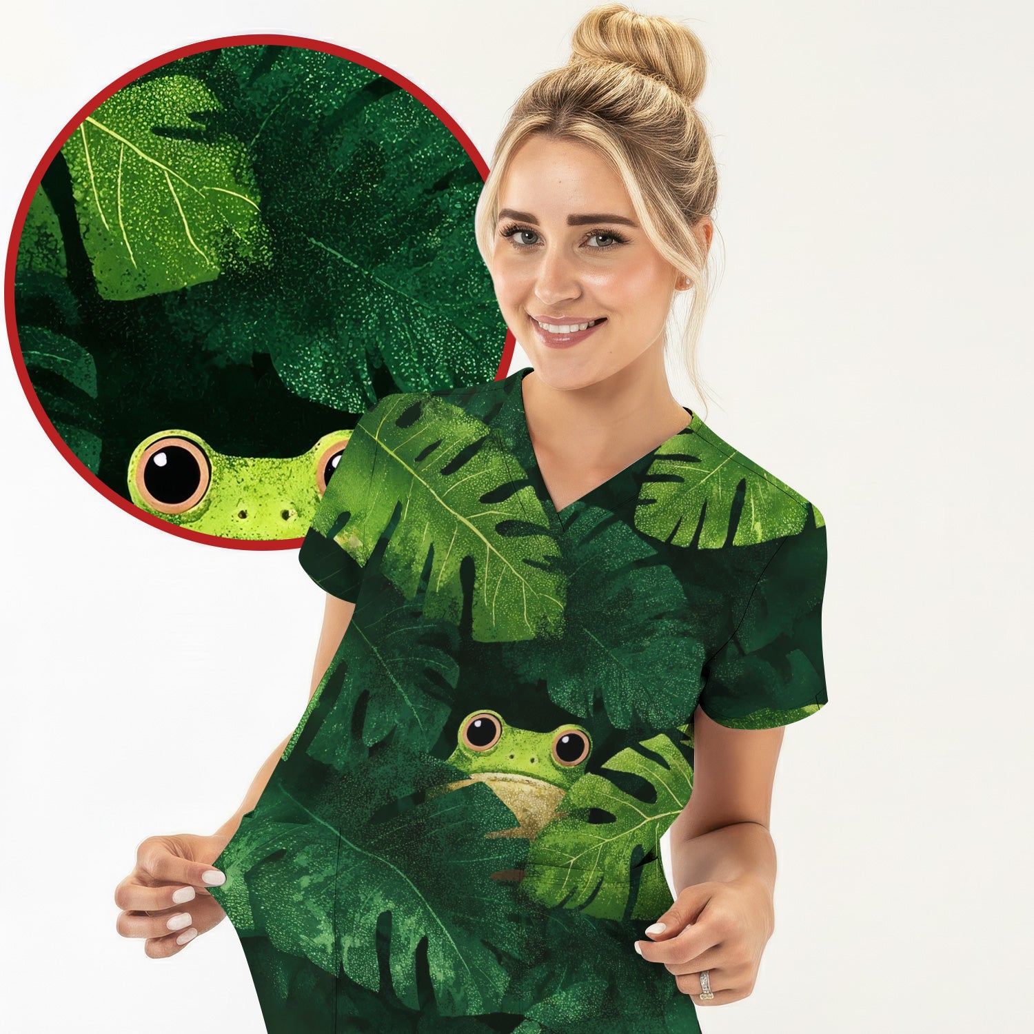 Cute Frog Hiding Jungle Leaves Pattern Nurse Scrub Top, Breathable Fabrics Nursing Uniform