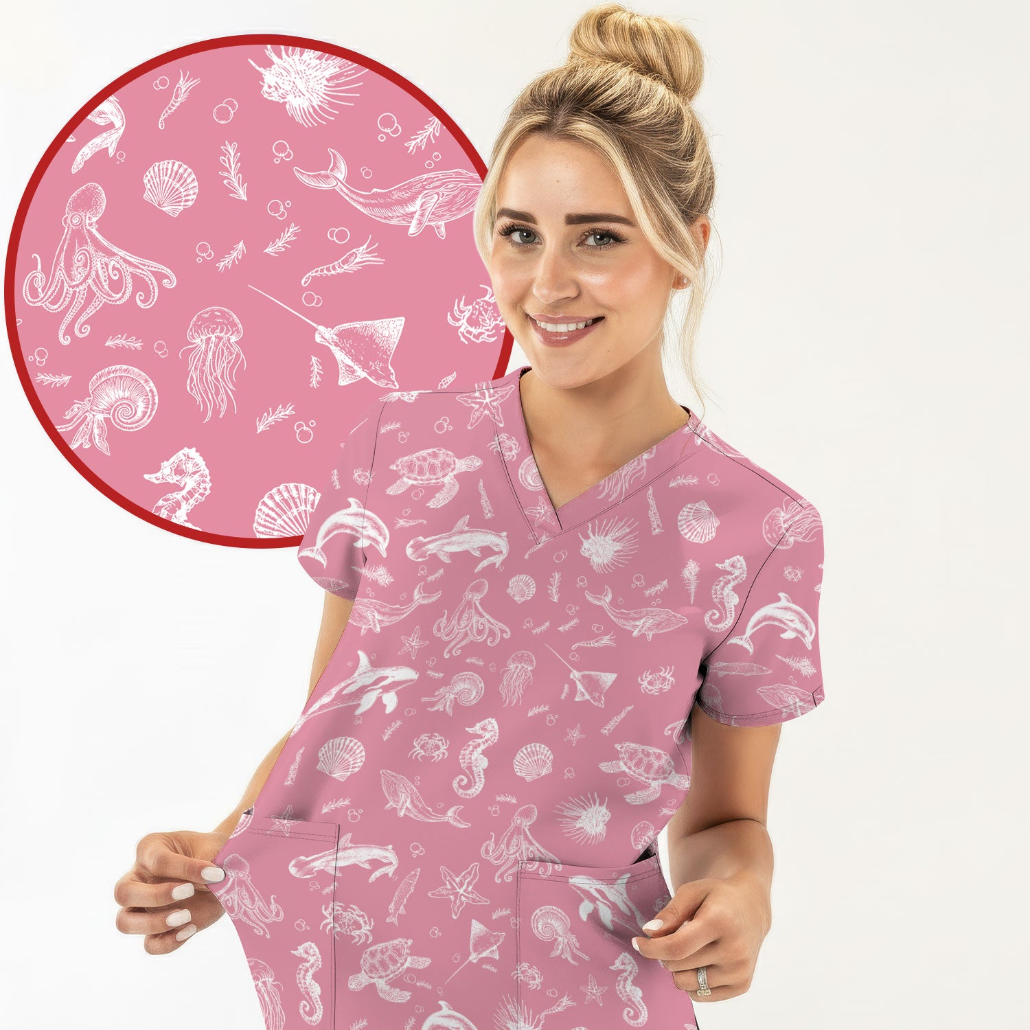 Marine Sea Life Pattern Scrub Top, Breathable Fabrics Nursing Uniform