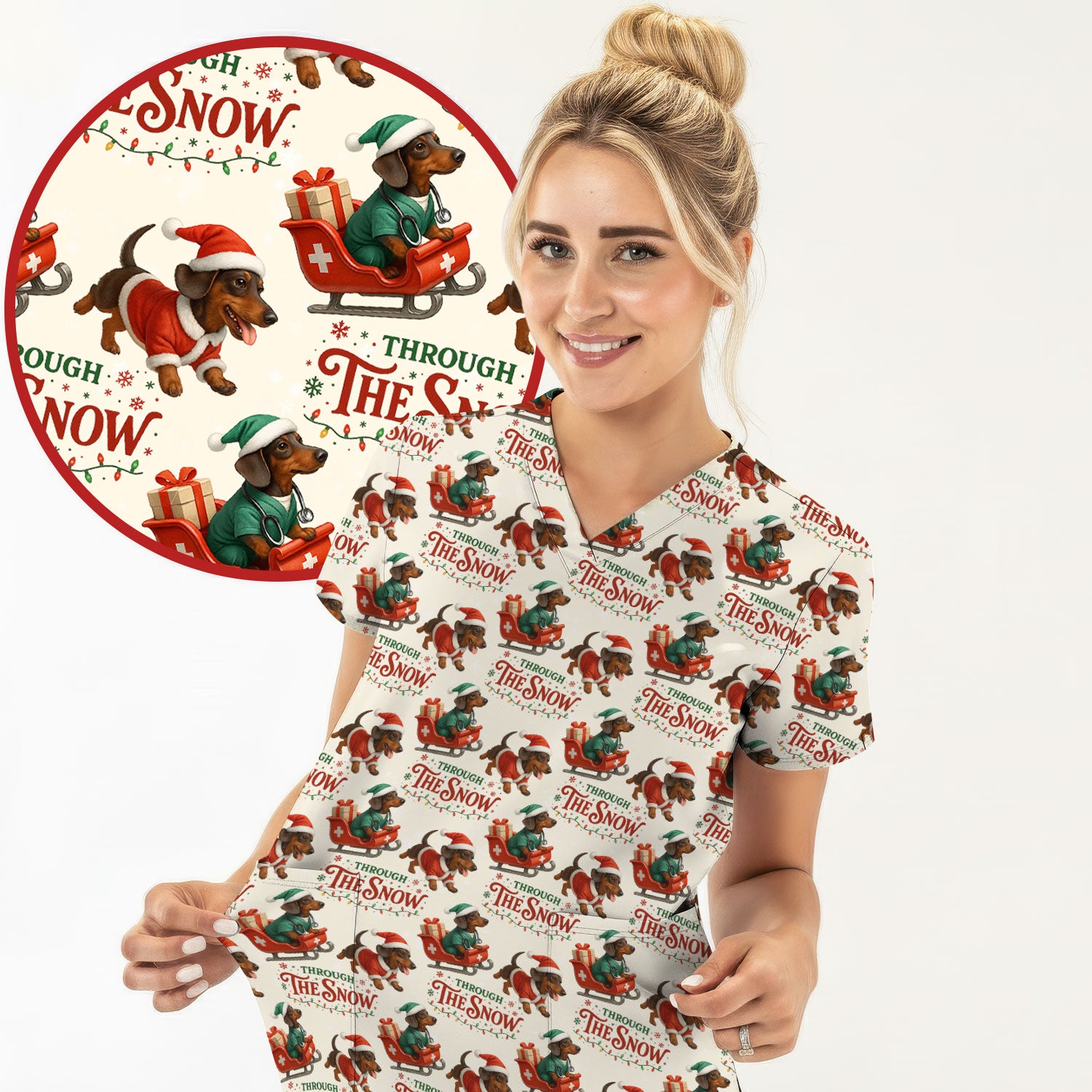 Dachshund Christmas Scrub Top, Cute Dog Nurse Scrub Shirt, Through The Snow Pattern Nursing Uniform