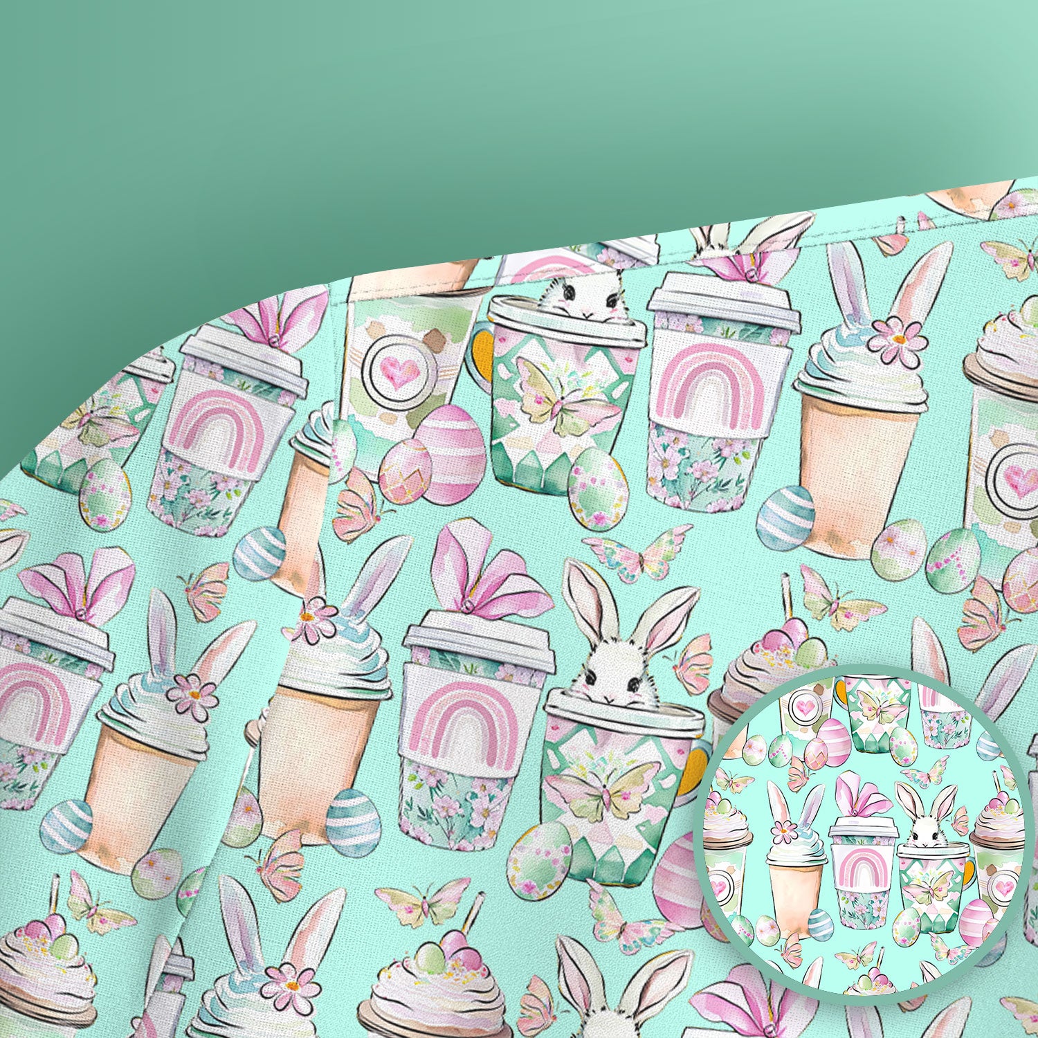 Cute Easter Bunny Coffee Cup Pattern Scrub Top, Comfortable Scrubs for Nurses