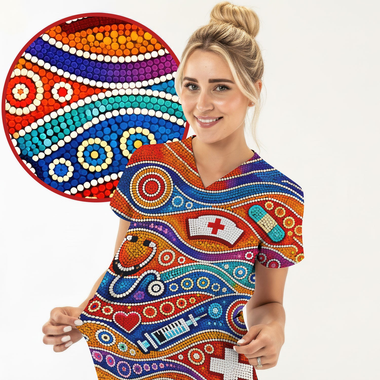 Aboriginal Dot Art Nurse Scrub Top, Artistic Medical Pattern Shirt, Breathable Fabrics Nursing Uniform