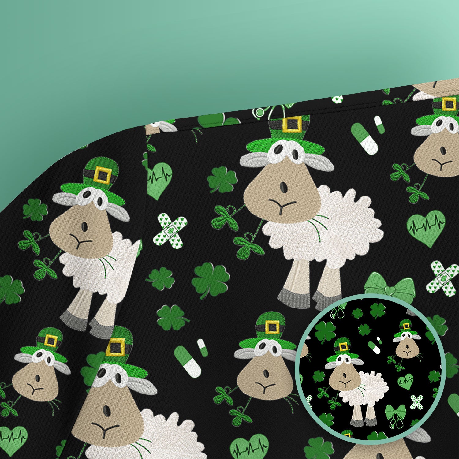 Nurse St. Patrick Scrubs Top, Cute Sheep Shamrock Pattern Nurse Shirt, Breathable Fabrics Nursing Uniform