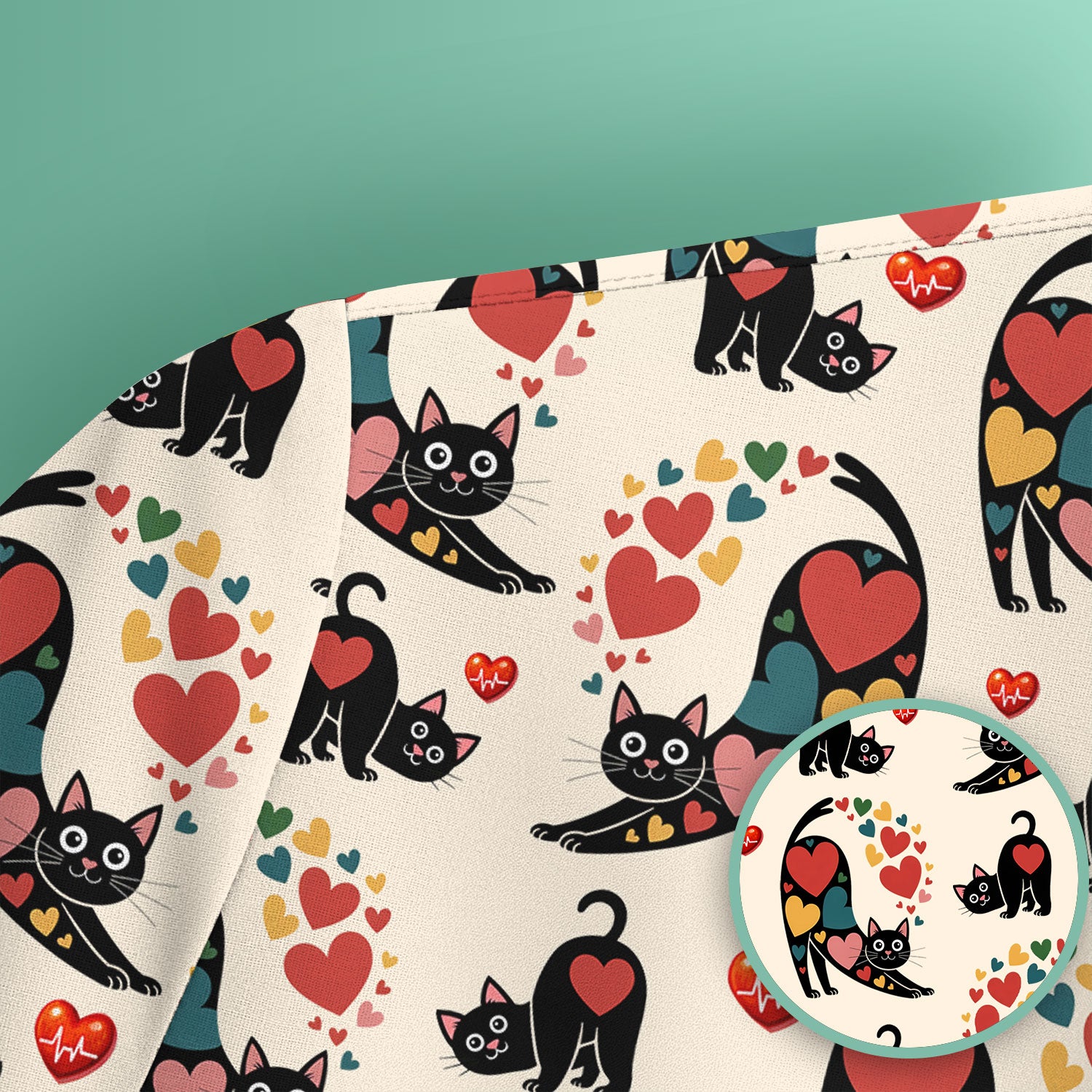Playful Cat Valentine Heart Print Nurse Scrub Top, Comfortable Scrubs for Nurses
