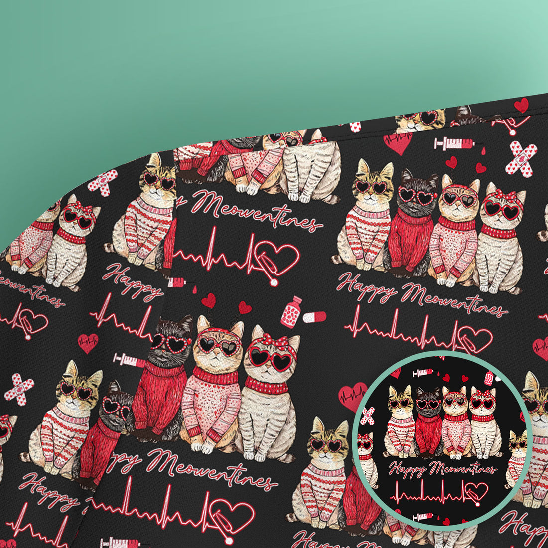Happy Meowtines Cat Pattern Scrub Top, Valentine Cat Lover Nurse Scrub Shirt, Heartbeat Medical Pattern Nursing Uniform