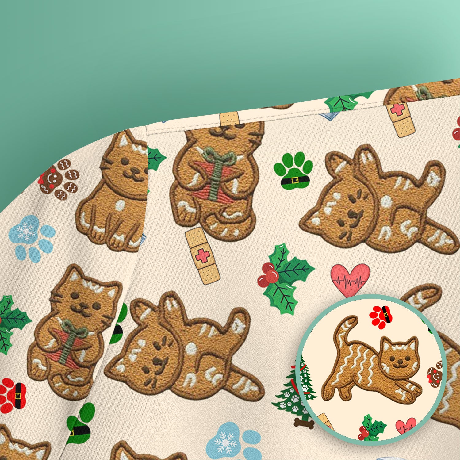 Gingerbread Cat Christmas Scrub Top, Cute Holiday Kitty Medical Uniform Shirt For Nursing, Festive Nurse Pattern