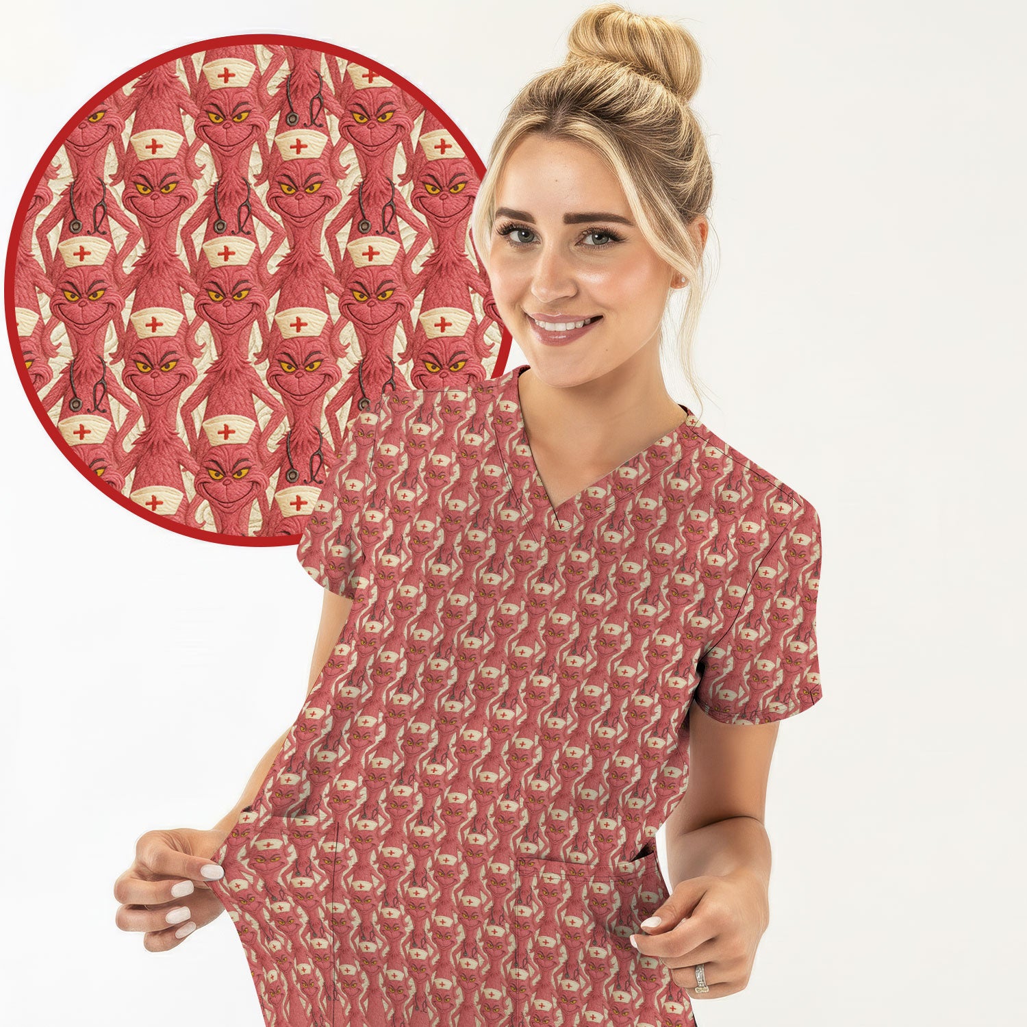 Funny Red Grinch Nurse Scrub Top - Cartoon Grinch Pattern Scrub Shirt Multi Color - Cute Christmas Holiday Nursing Workwear