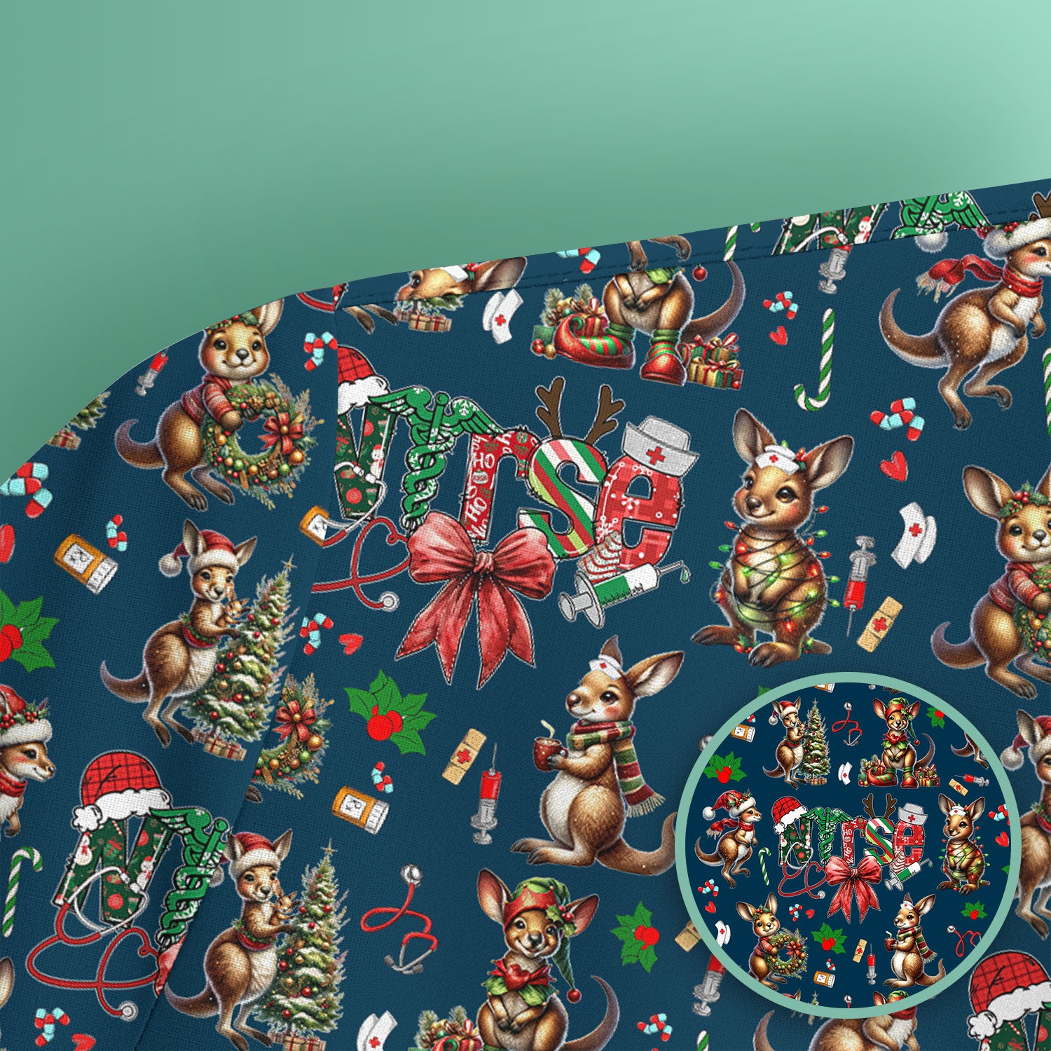 Whimsical Kangaroo Christmas Scrub Top – Festive Australian Animals Holiday Pattern – Cute Medical Uniform for Nurses, Vets & Healthcare Workers