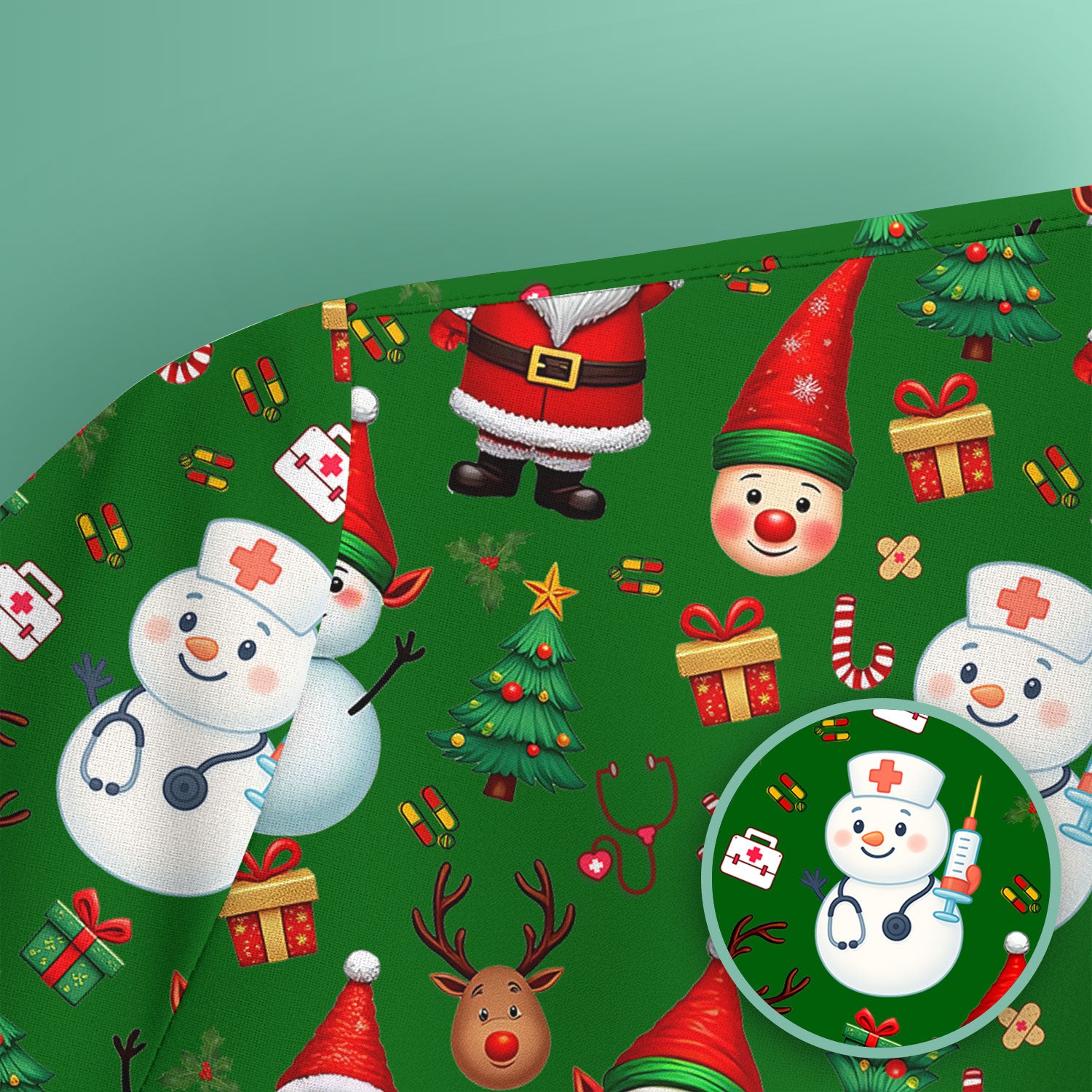 Christmas Scrub Top for Nurses - Cute Snowman Reindeer Santa Pattern - Holiday Medical Uniform RN CNA LPN Gift