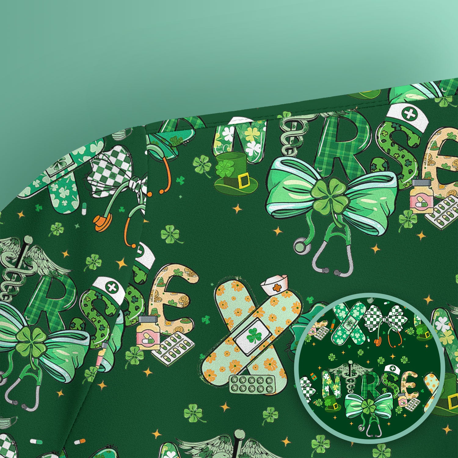 St. Patrick’s Nurse Scrub Top, Lucky Clover And Green Bow Pattern Nurse Shirt, Breathable Fabrics Nursing Uniform