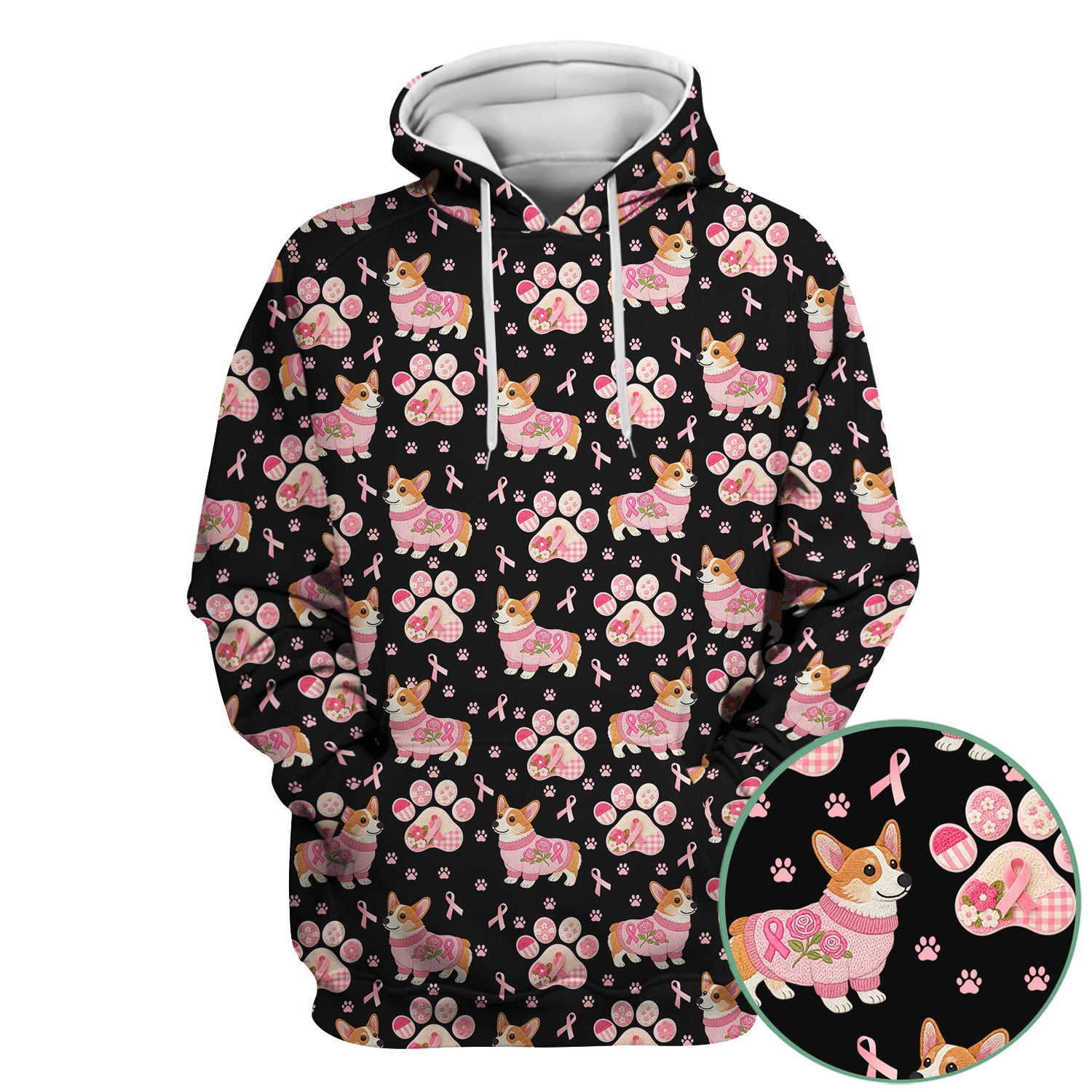 Corgi Pink Ribbon Scrub for Women - Breast Cancer Awareness Shirt - Floral Dog Paw Print Nursing Uniform - Support Gift