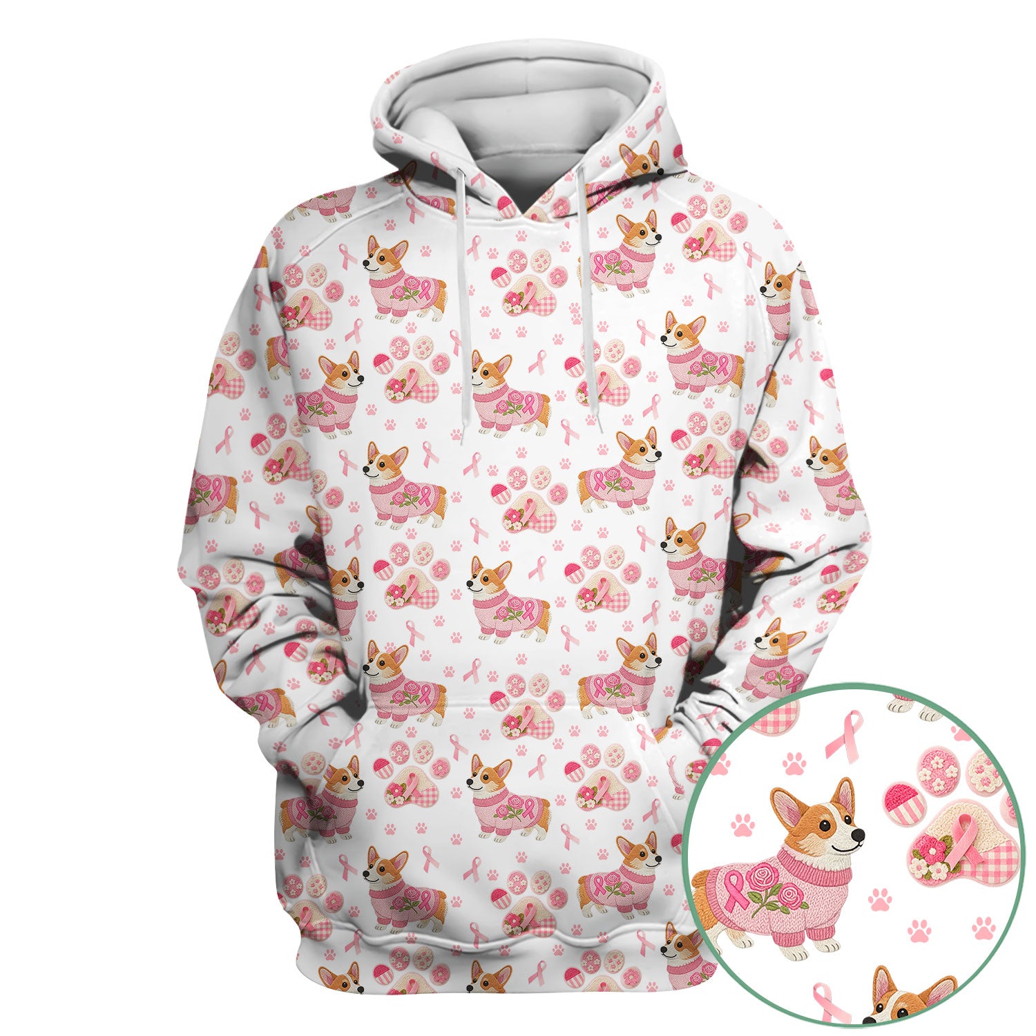 Corgi Pink Ribbon Scrub for Women - Breast Cancer Awareness Shirt - Floral Dog Paw Print Nursing Uniform - Support Gift
