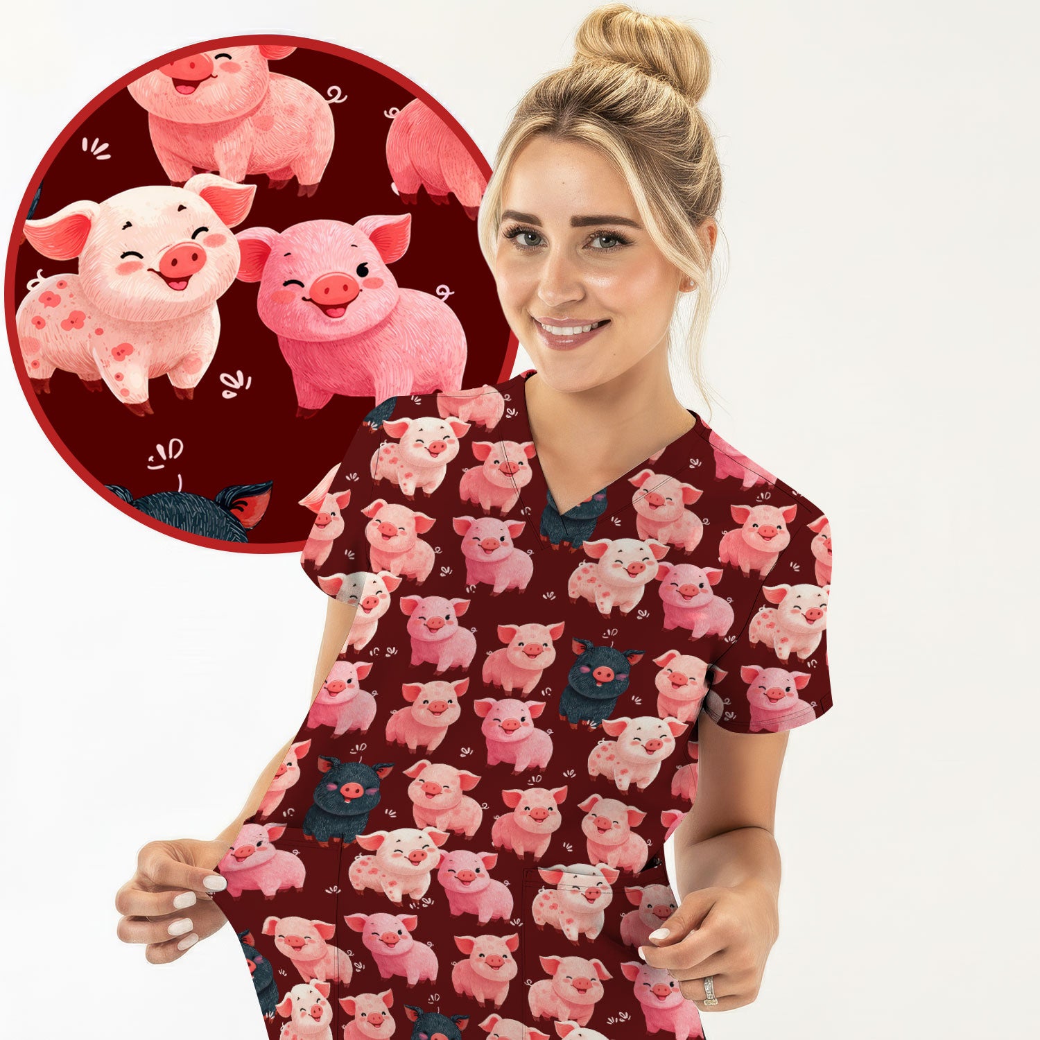 Funny Farm Pig Cartoon Pattern Scrub Top, Comfortable Scrubs for Nurses