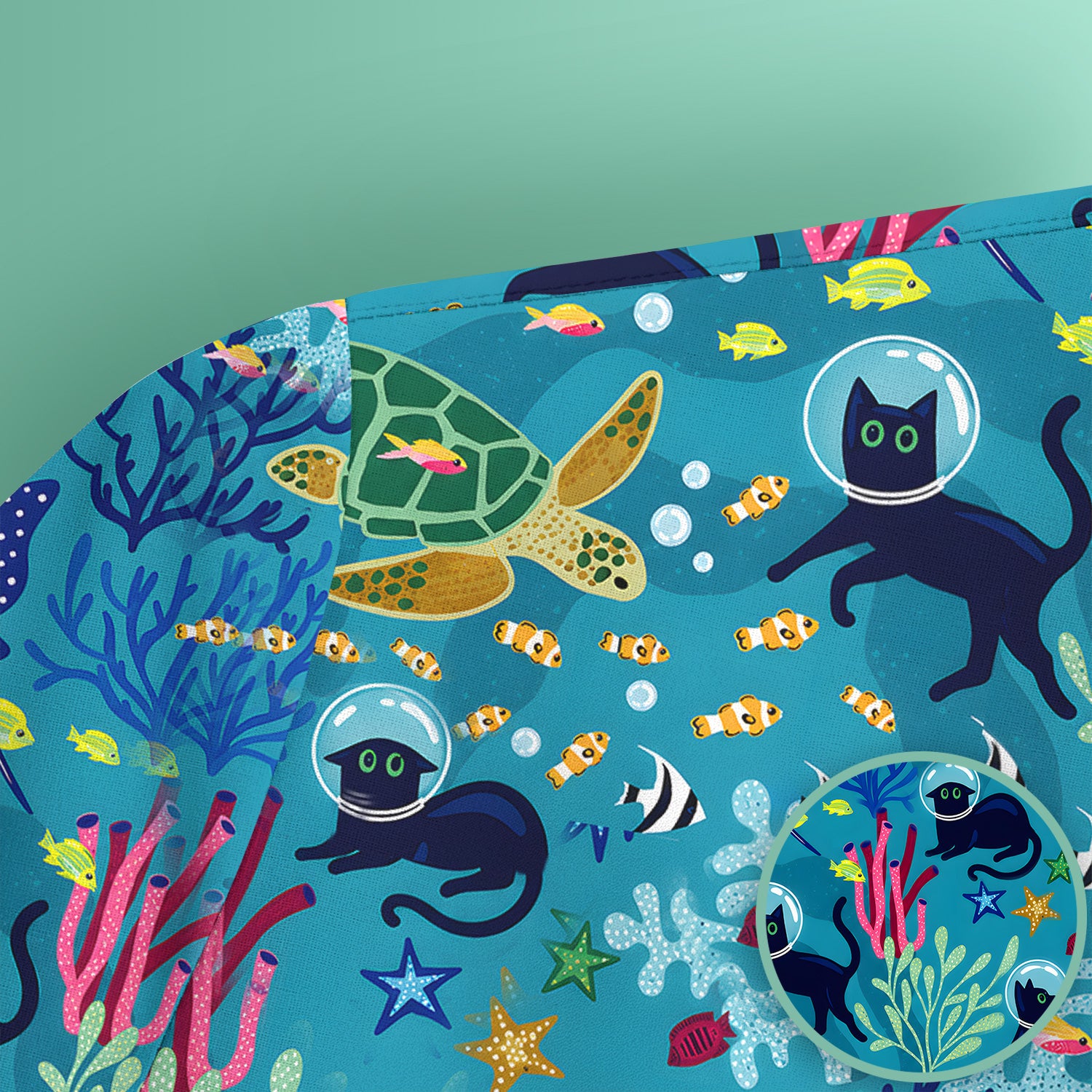 Underwater Cat Turtle Veterinary Pattern Scrub Top for RN, CNA, Ocean Medical Uniform