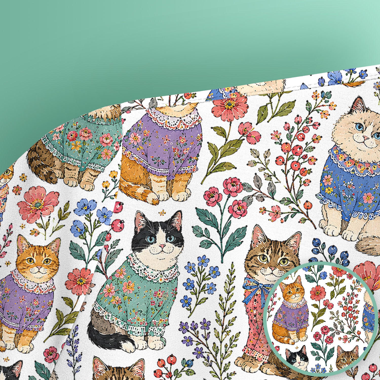 Cute Floral Cat Pattern Scrub Top, Comfortable Scrubs for Nurses