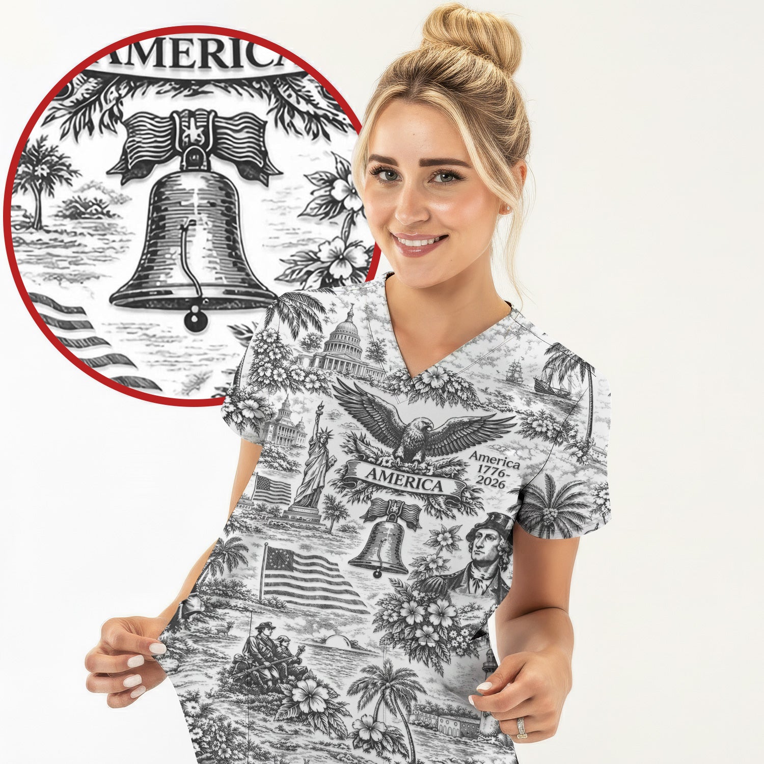 Patriotic America Heritage Toile Pattern Scrub Top, Breathable Fabrics Nursing Uniform
