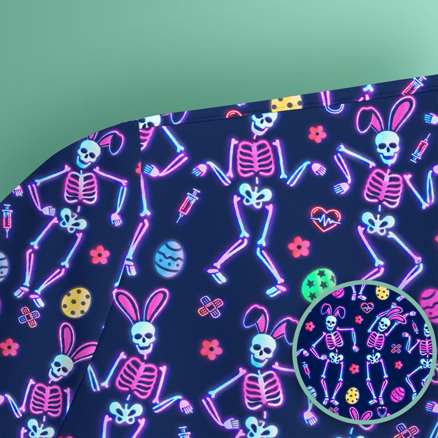 Neon Easter Skeleton Pattern Scrub Top, Comfortable Scrubs for Nurses
