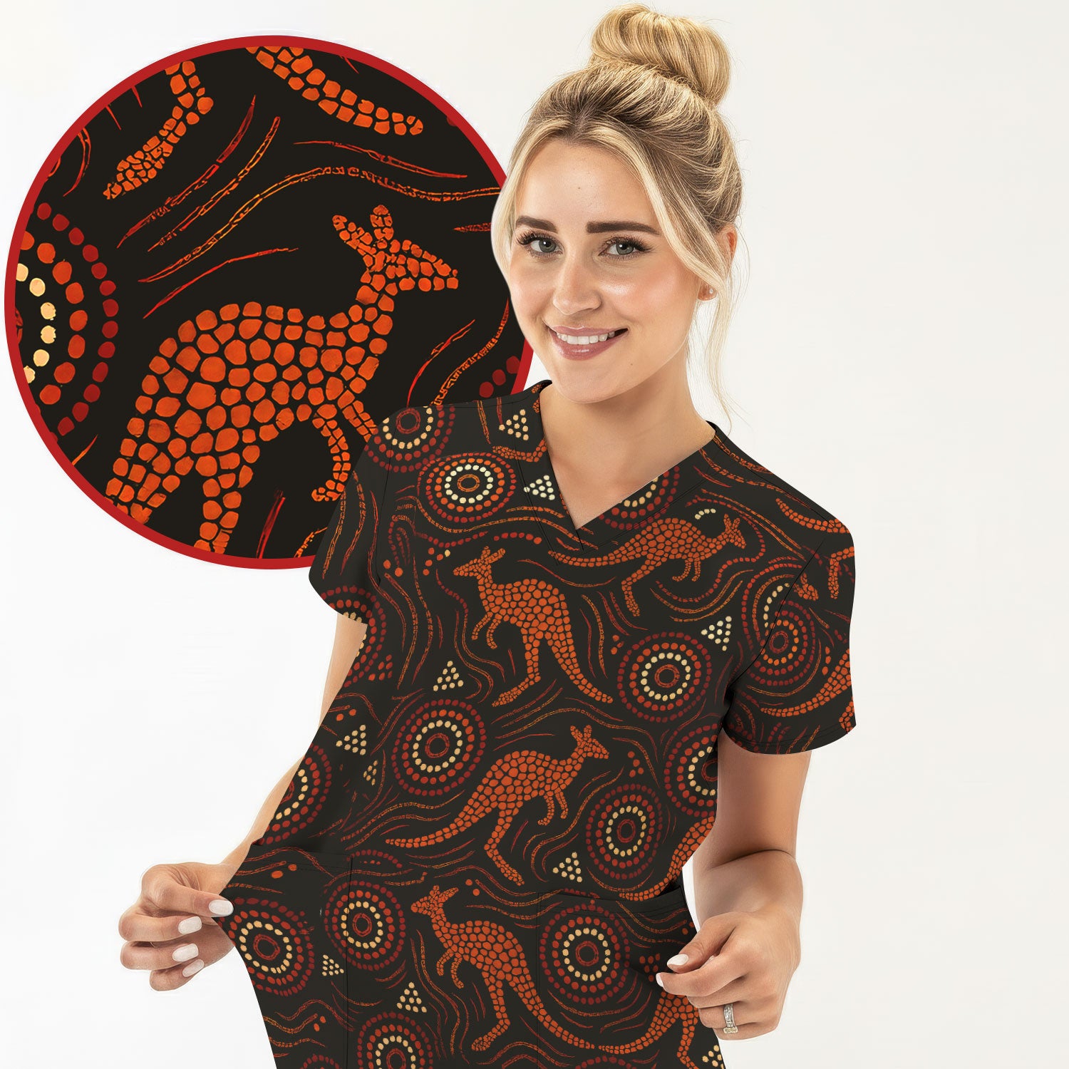 Australian Indigenous Medical Pattern Shirt, Aboriginal Dot Art Kangaroo Nurse Scrub Top,  Breathable Fabrics Nursing Uniform