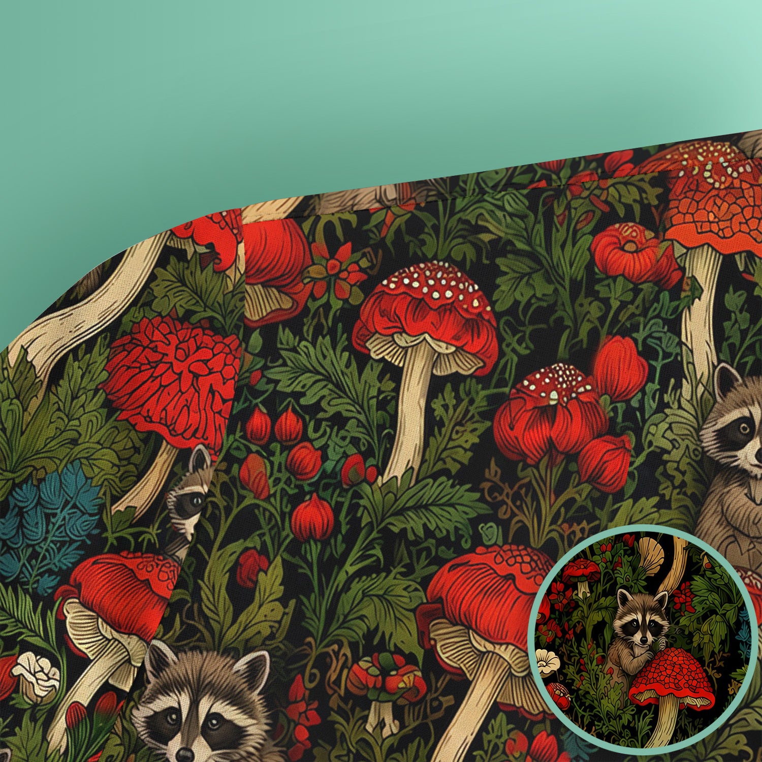 Woodland Raccoon Red Mushroom Pattern Scrub Top, Comfortable Scrubs for Nurses