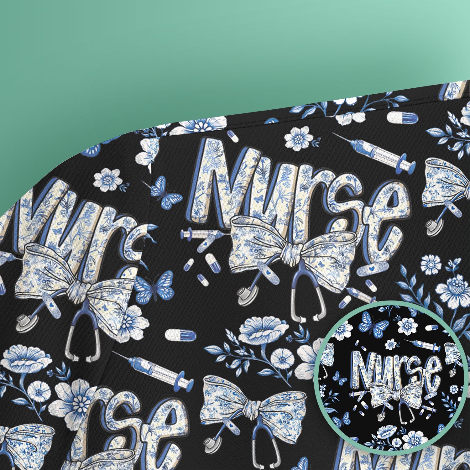 Blue Nurse Letter Bow Butterfly Floral Print Scrub Top, Comfortable Scrubs for Nurses