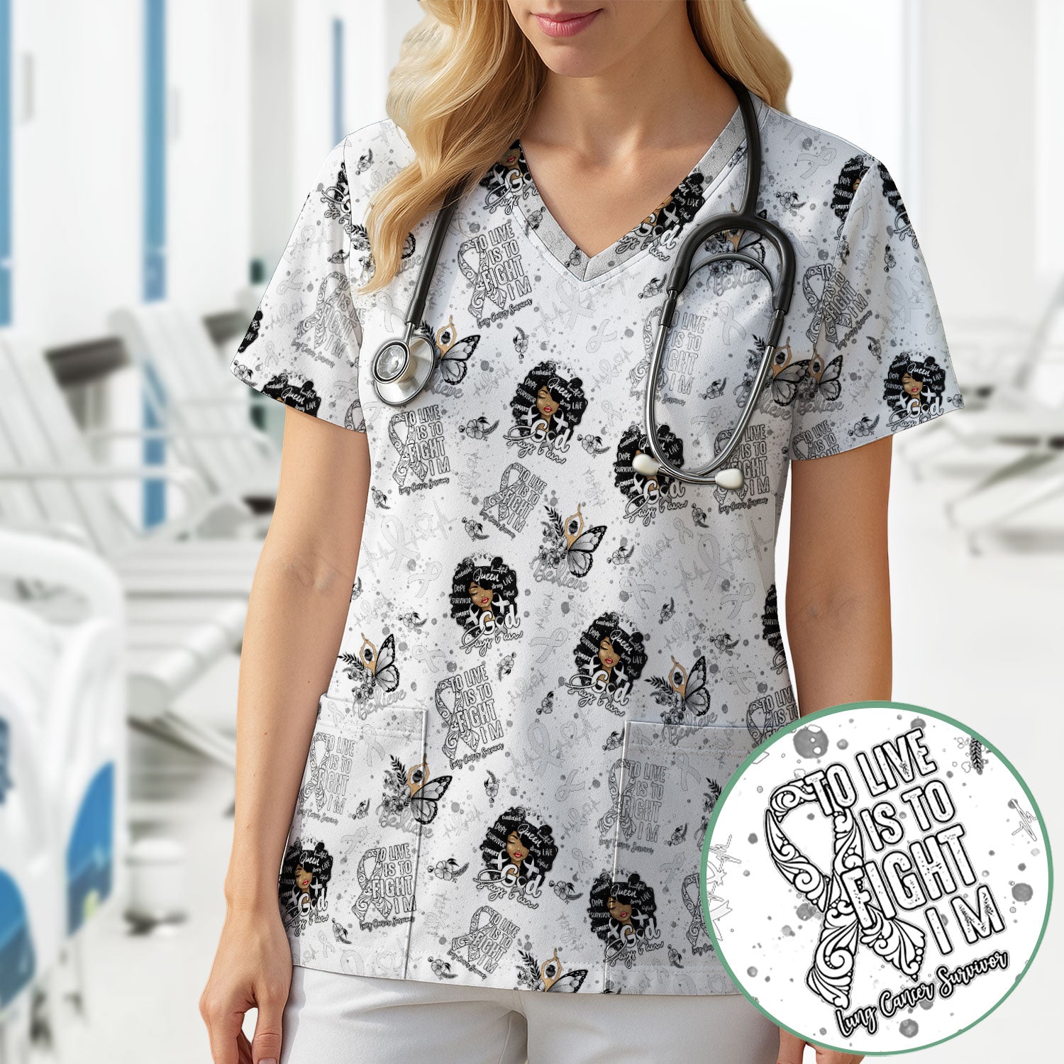Cancer Awareness Scrub Top - Black Women Survivor Faith in God Nurse Shirt - Inspirational Gift for Fighters Supporters Caregivers