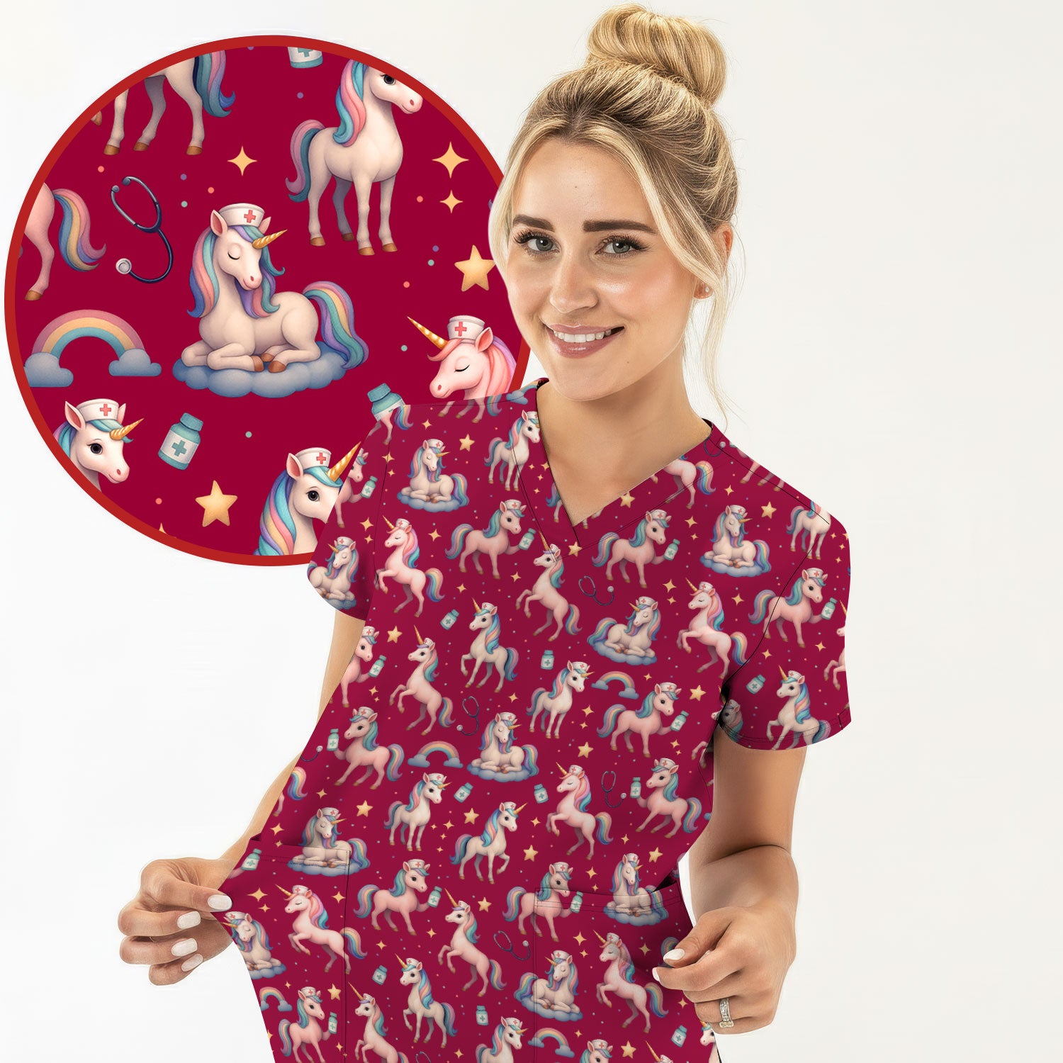 Unicorn Pattern Nurse Scrub Top - Pastel Rainbow Medical Shirt - Cute Fantasy Scrubs Gift for RN LPN CNA Healthcare Staff
