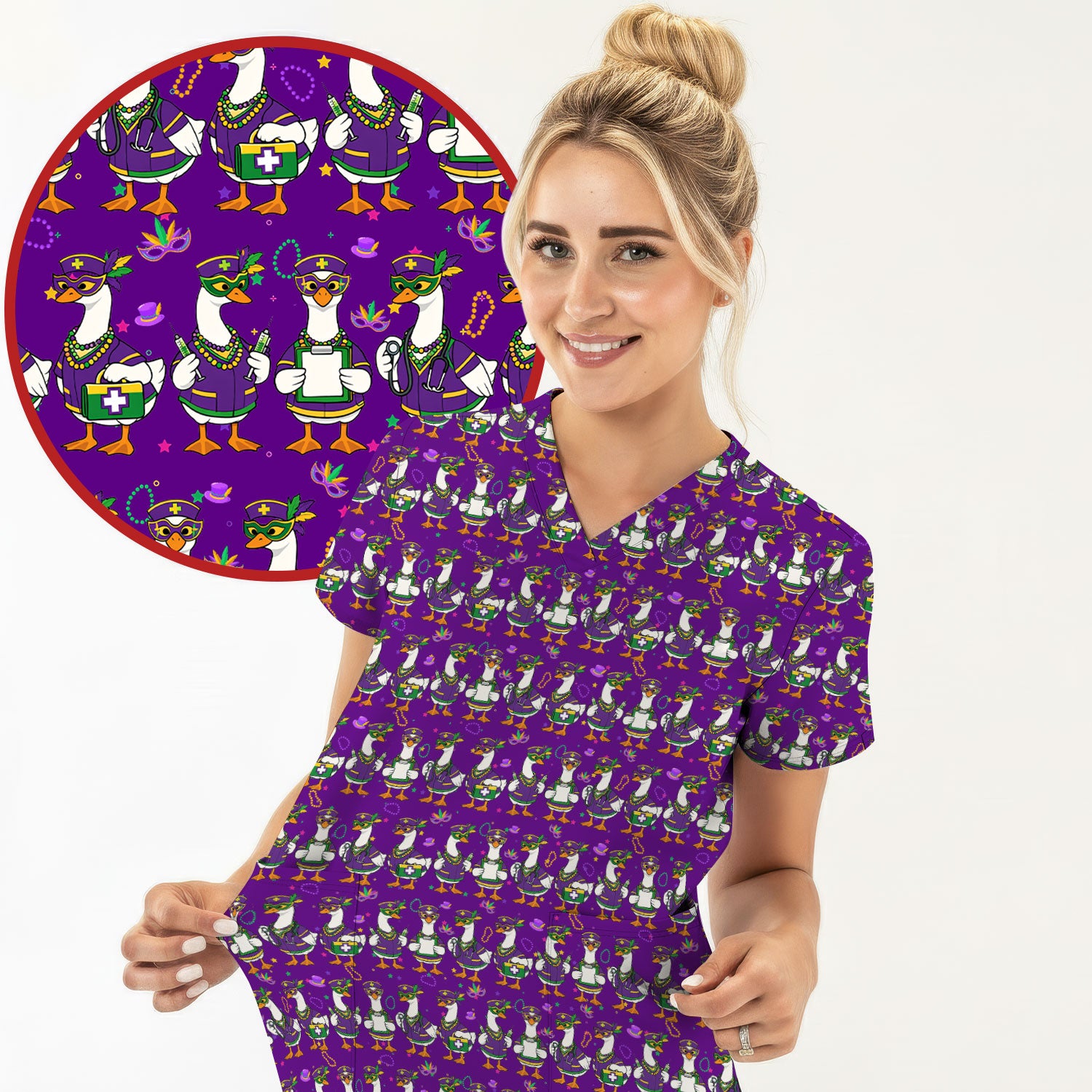 Mardi Gras Nurse Goose Scrub Top, Purple Carnival Parade Medical Pattern Nurse Shirt, Breathable Fabrics Nursing Uniform