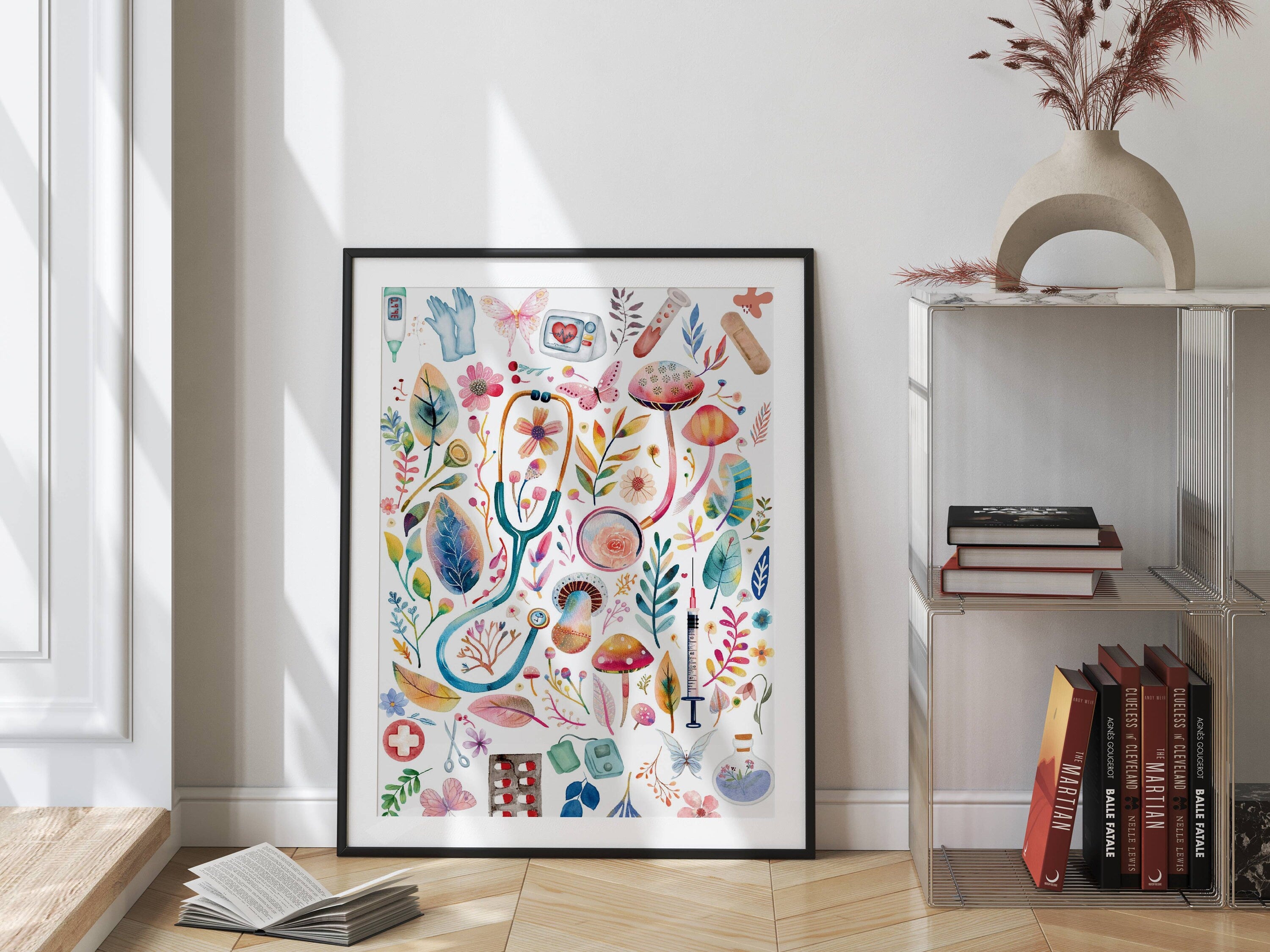Watercolor Nurse Tools Garden Canvas Wall Art, Clinic Decor