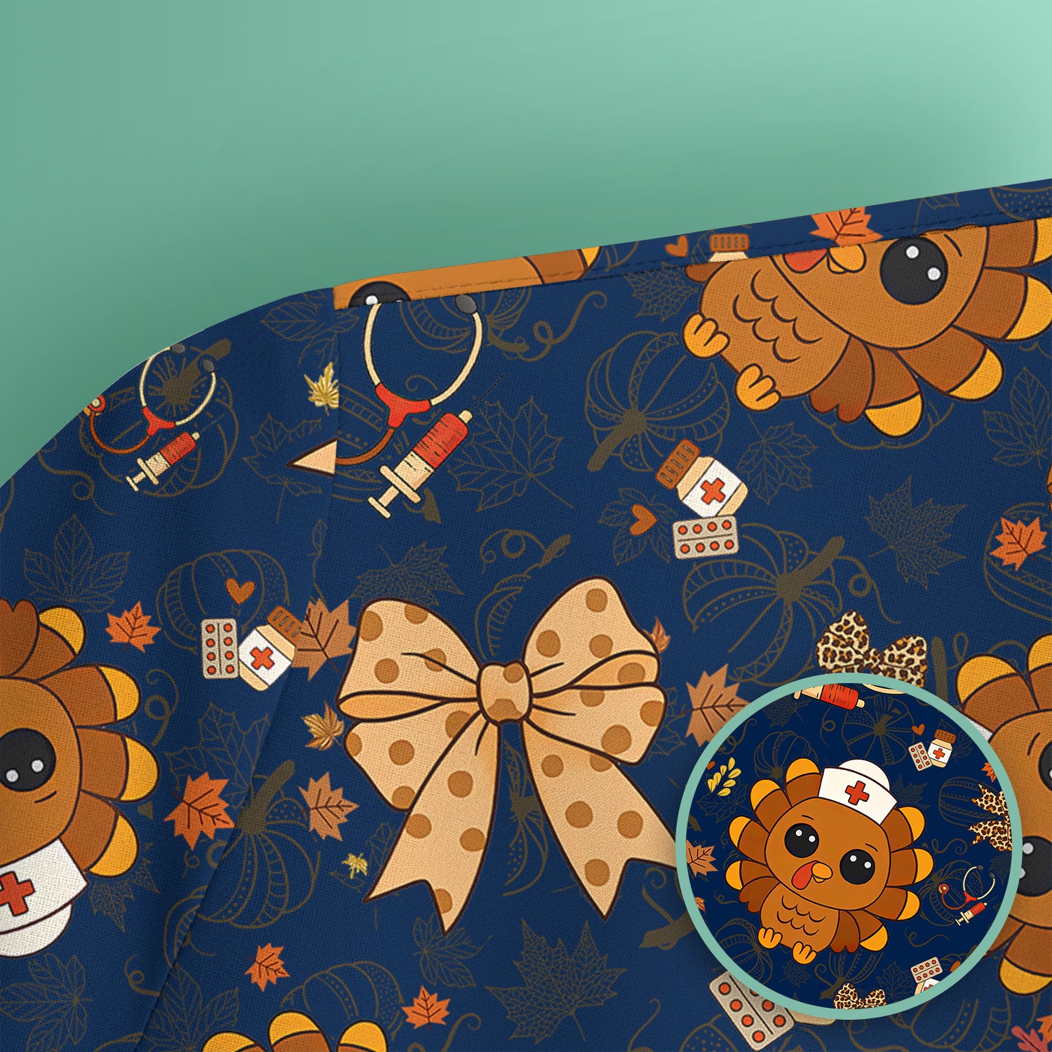 Thanksgiving Turkey Nurse Scrub Top for Women - Cute Fall Leaves and Bow Shirt - Autumn Medical Shirt Gift for RN CNA LPN Doctor