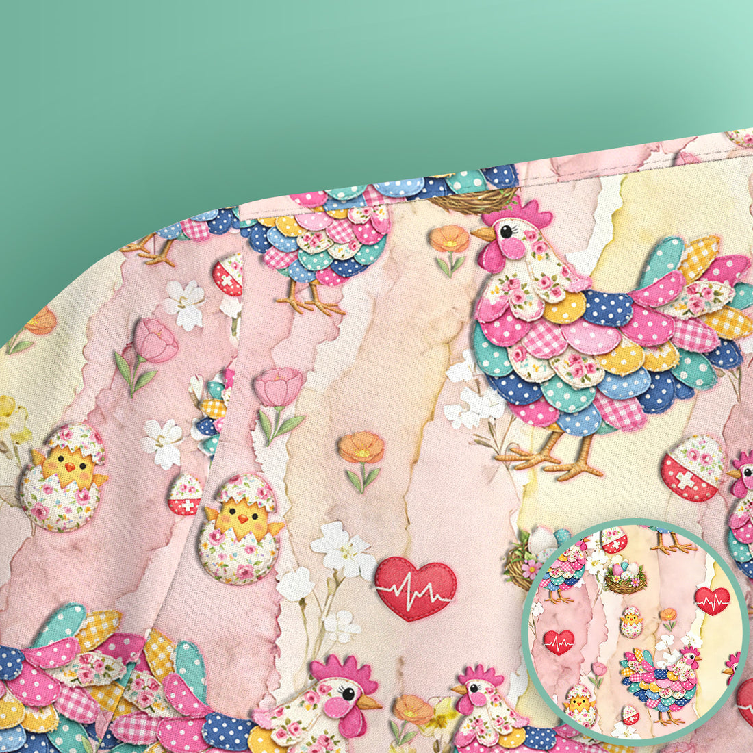 Colorful Chicken Easter Eggs Heart Pattern Scrubs Top, Breathable Fabrics Nursing Uniform